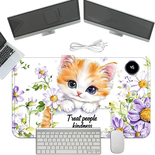 Heated Mouse Pad with 3 Temperature Settings(104°F–122°F),Large 24x14.2 Inch PU Leather Heated Desk Mat,Waterproof Warming Pad for Office,Gaming & Cold Hands Relief,Cute Cat Flower