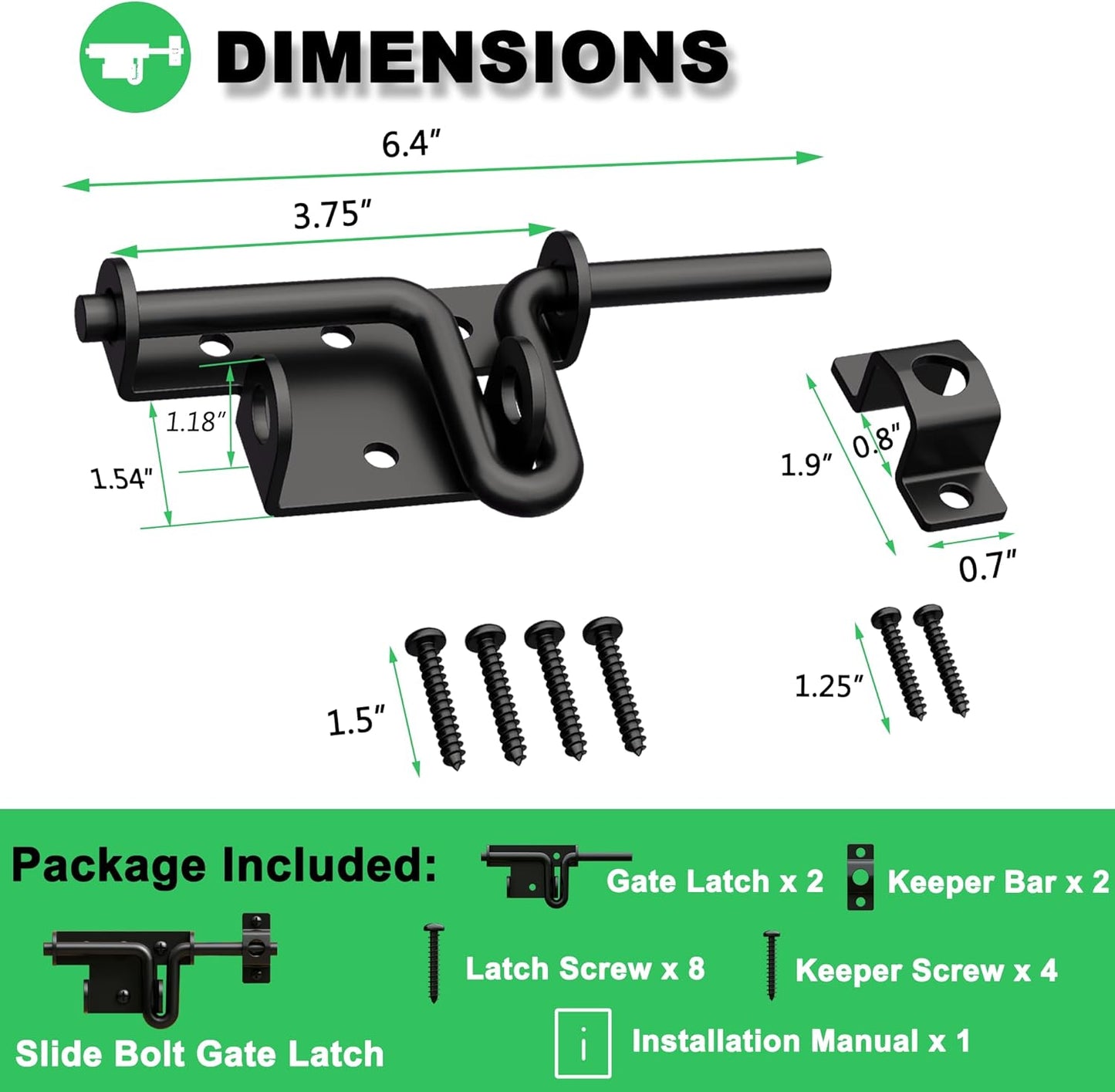Heavy Duty Slide Bolt Gate Latch for Wooden Fence, 2 Way Barn Door Latch with Padlock Hole, Offset and Flush Mounted Gate Latch for Outdoor Gates/Yard Fence/Shed Door, Black, 2 Pack