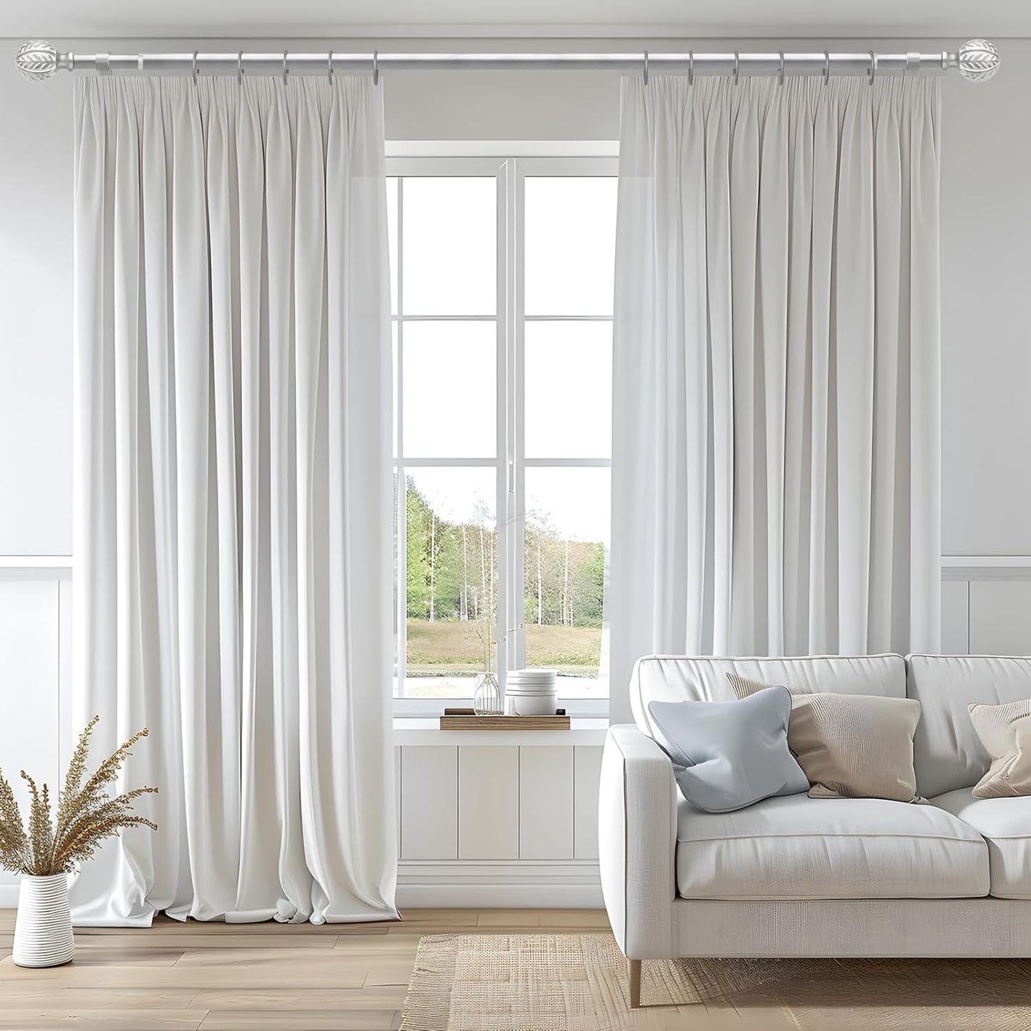 2 Pack Silver Curtain Rods for Windows 48 to 84 inch,1" Adjustable Heavy Duty Window Curtain Rod with Leaf Finials,Rustic Decorative Drapery Rods Set,Size:36-88''