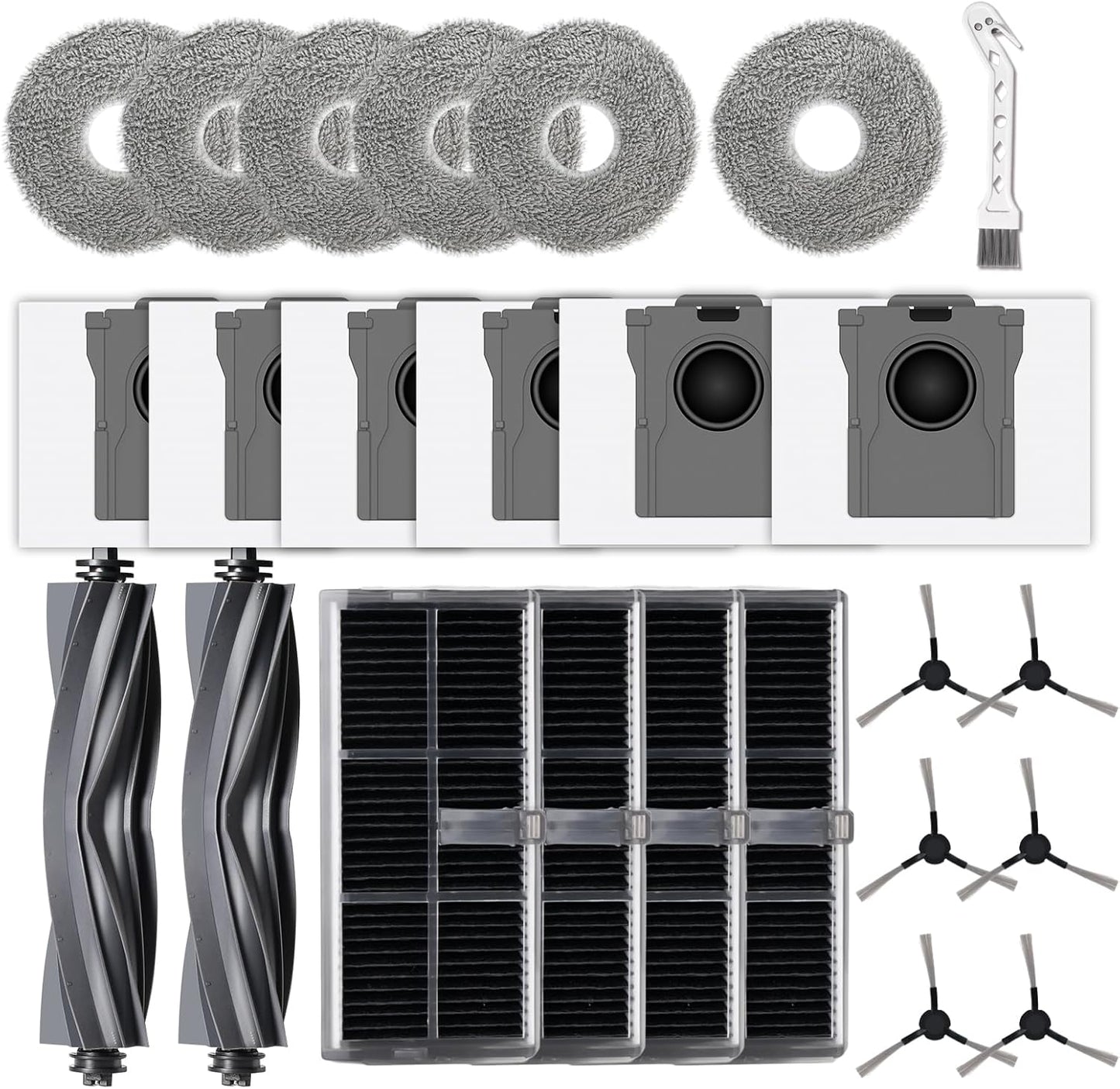 24 Pcs Replacement Parts for Dreame L10s Ultra Gen 2/ L10s Pro Ultra Heat/ X30 Ultra/for E30 Ultra Robot Vacuum and Mop, 2 Main Brush, 4 HEPA Filters, 6 Mop Pads, 6 Dust Bags, 6 Side Brush