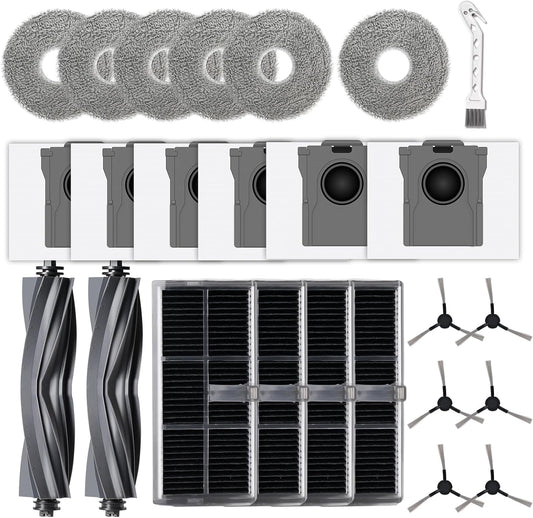 24 Pcs Replacement Parts for Dreame L10s Ultra Gen 2/ L10s Pro Ultra Heat/ X30 Ultra/for E30 Ultra Robot Vacuum and Mop, 2 Main Brush, 4 HEPA Filters, 6 Mop Pads, 6 Dust Bags, 6 Side Brush
