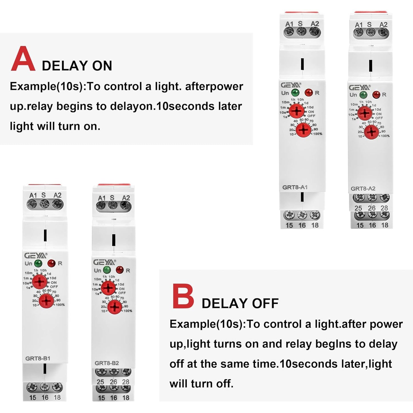 GEYA Delay Off Single Function Time Relay 2 Outputs 16A Electronic Power Off Timer Delay Relay(GRT8-B2,AC/DC12V-240V)