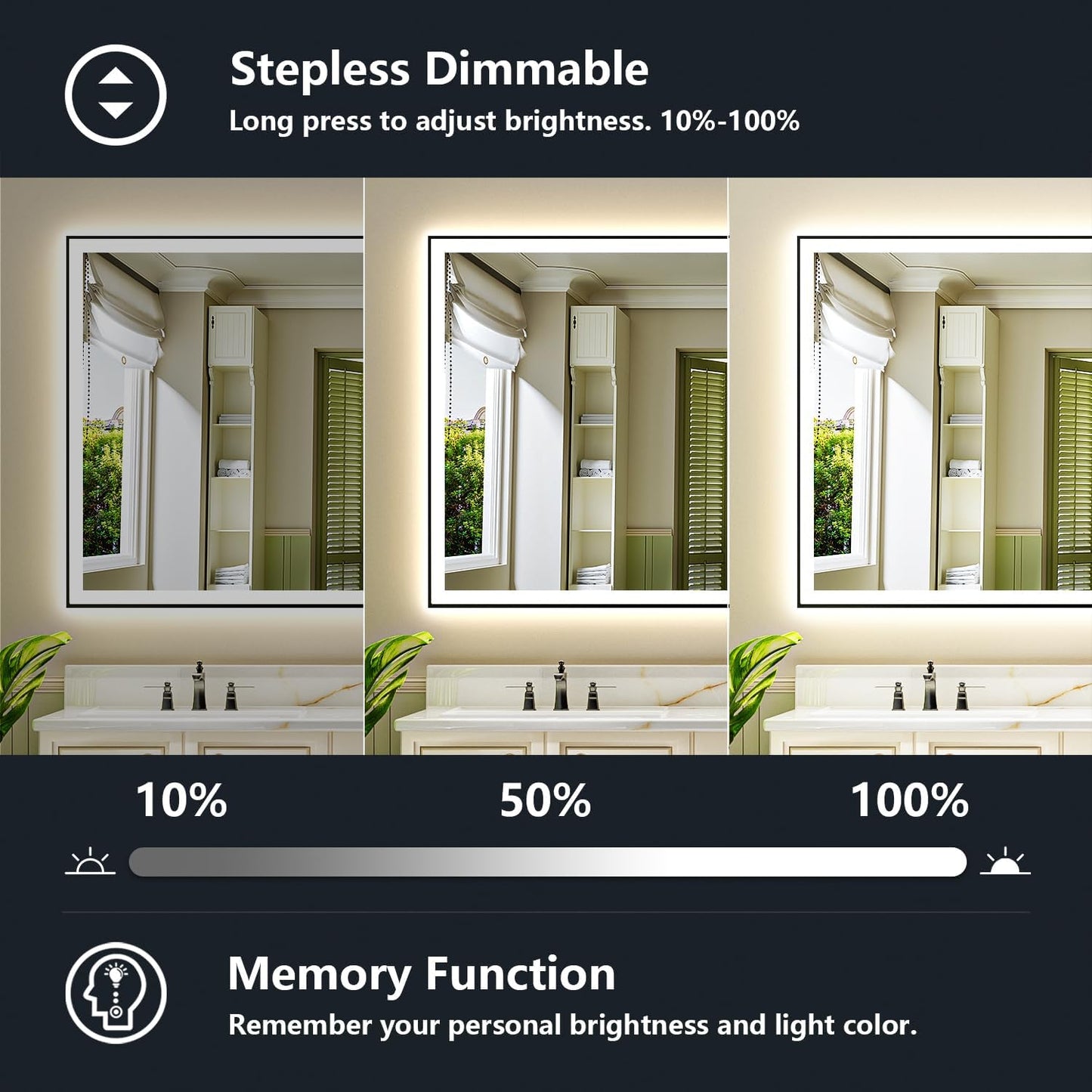 72x40 Inch LED Bathroom Mirror with Lights (Front Lit and Backlit) Black Framed Lighted Vanity Mirror for Bathroom Wall Dimmable Anti-Fog Memory Tempered Glass Horizontal/Vertical