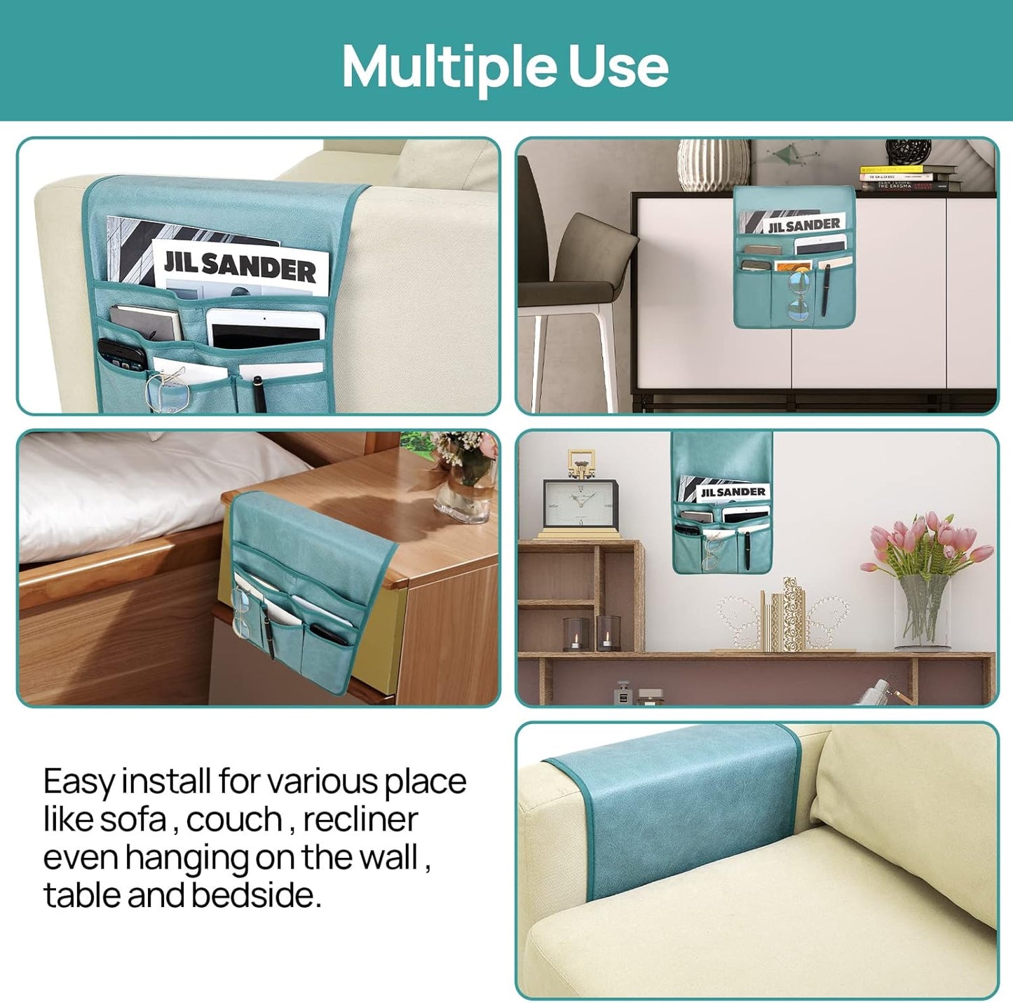 Teniux Remote Control Holder Faux Leather Armrest Organizer with 6 Pockets for Recliner Couch Sofa, Armchair Caddy for Smart Phone, Book, Magazines, Ipad, Remotes (Teal)