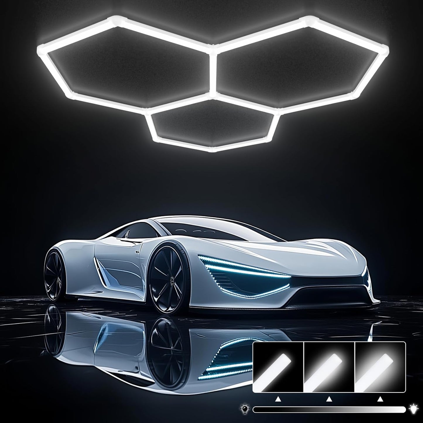 Hexagon Led Lights, 3-Level Dimmable Hexagon Garage Lights, 128W 6500K 14080LM Upgraded Honeycomb Lights for Gym Lighting, Car Detailing, Workshop, Basement, Barber