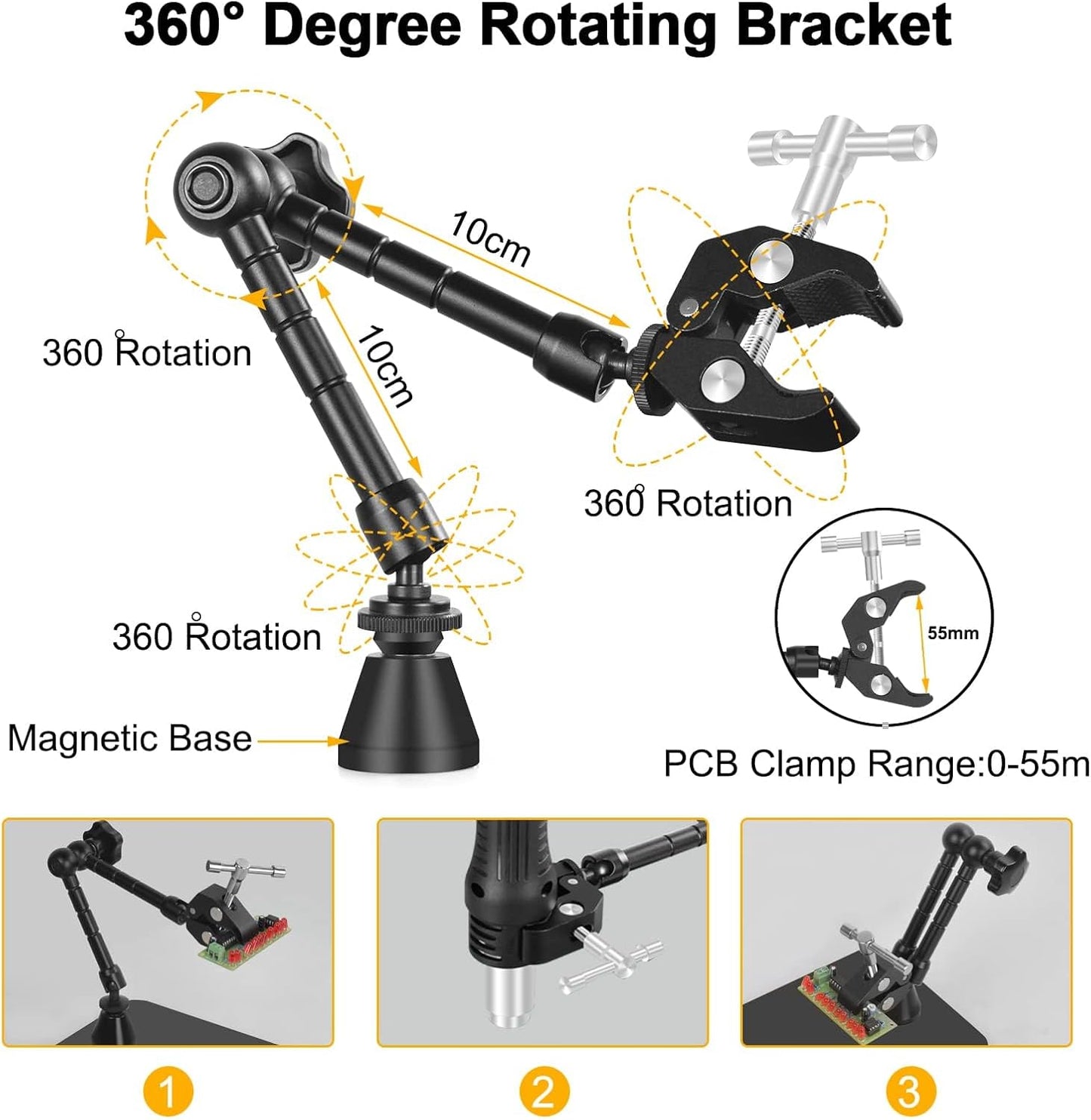 Helping Hands Soldering Circuit Board Holder Magnetic Third Hand Tools with 3X LED Magnifying Lamp, 360 Hot Air Gun Holder, Flexible Metal Arms Heavy Duty Base Electronic Repair Tool Magic Hand