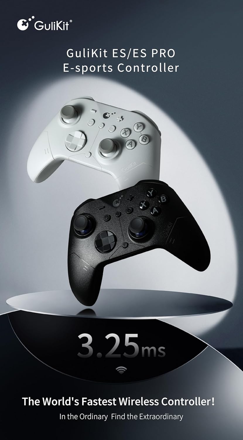 GuliKit ES Fastest Wireless Controller – Hall Anti-Drift&Anti-Snapback Joysticks, Lowest Wireless Latency 3.25ms, Compatible with PC/Switch/Android/Switch 2 Wake-up,30h Battery, Gyro&Turbo for FPS