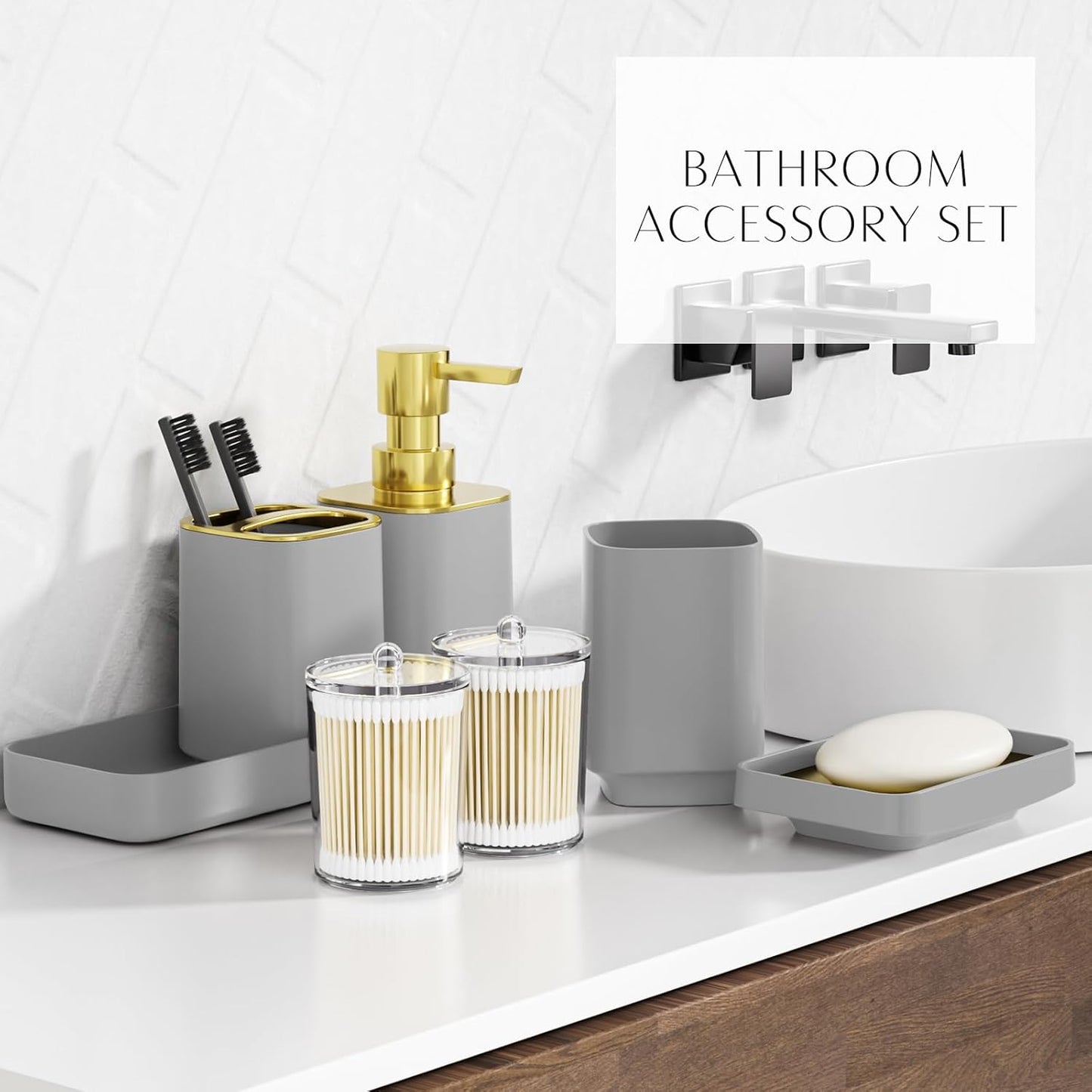 25PCS Bathroom Accessory Set, Beige Bathroom Set with Large-Capacity 4 Gallon Trash Can,Bathroom Rugs Set, Waterproof Shower Curtain, Toilet Brush, Toothbrush Holder & Soap Dispenser