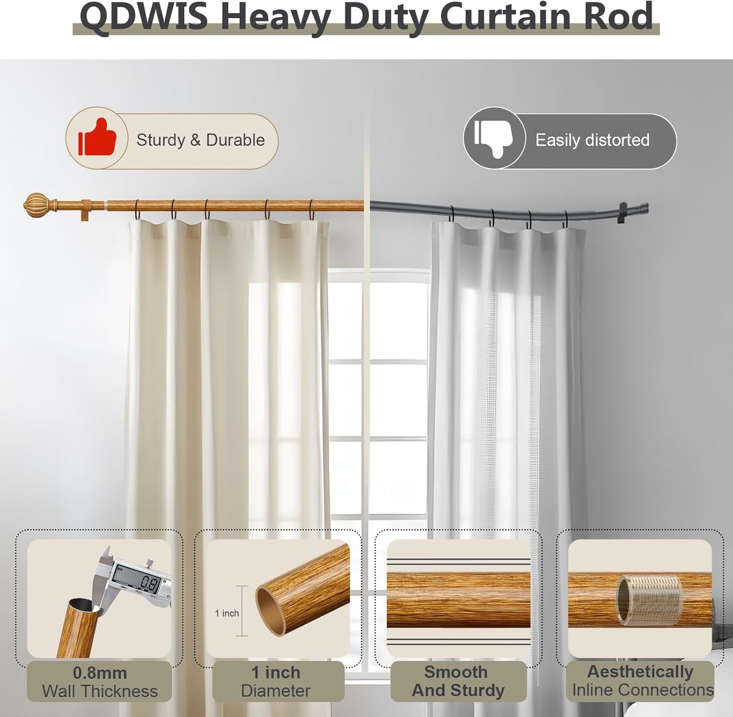 2 Pack Imitation Wood Curtain Rods for Windows 48 to 84 Inch, 1'' Adjustable Heavy Duty Decorative Drapery Rods with Classic Finials, Dark Imitation Wood Window Curtain Pole, Size 36-88''