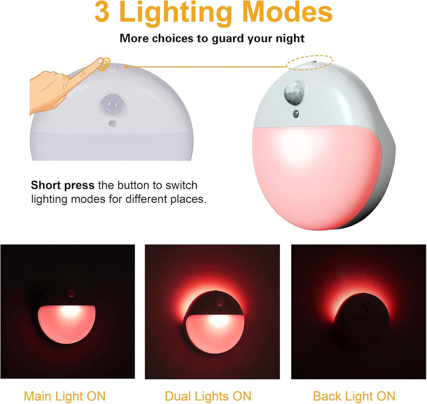 2 Pack Red Night Light, Battery Operated Night Light, 2.6" Small Sticky Lights, Dimmable Motion Sensor Light, 3 Light Modes, Portable LED nightlight for Baby, Kids, Sleep, Bedroom, Bathroom