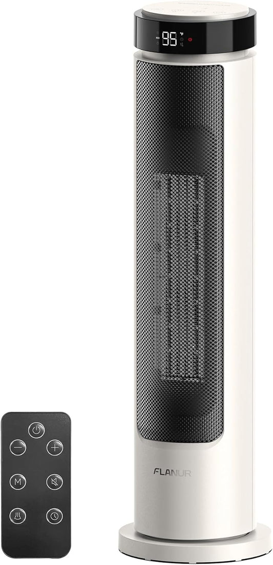 1500W Tower Indoor Space Heater for Home with Programmable Thermostat, 12H Timer & Remote Control, Oscillation and ECO Mode, Electric Heaters for Office, Bedroom, Home (Ivory)