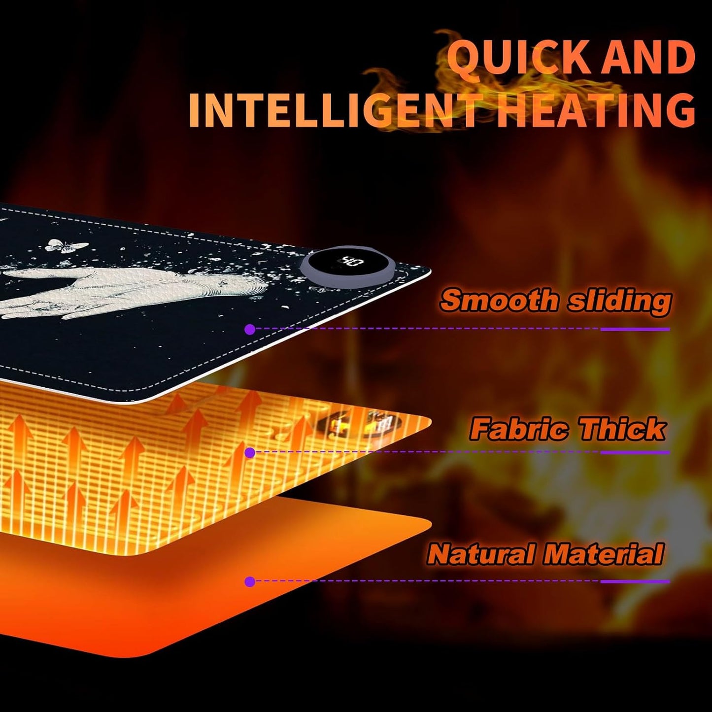 Heated Mouse Pad 23.6 x 14 in 3-Temp Fast Heating Desk Mat with Auto Timer Warmer for Hands Wrist Pain Relief Waterproof Keyboard Mat for Office, Gaming, Home, Butterfly Hands Art