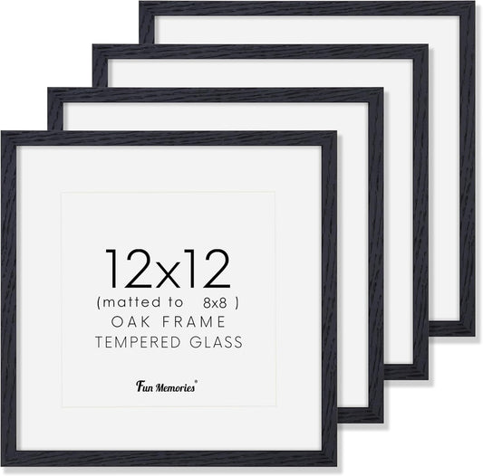 12x12 Picture Frames Set of 4, Black Wood Picture Frame 12 x 12, Oak Wood 12 by 12 Frames with Real Glass, Square 12 x 12 Photo Frames for Wall, 12x12 Frame with Mat for 8x8, Wall Gallery Frame Set