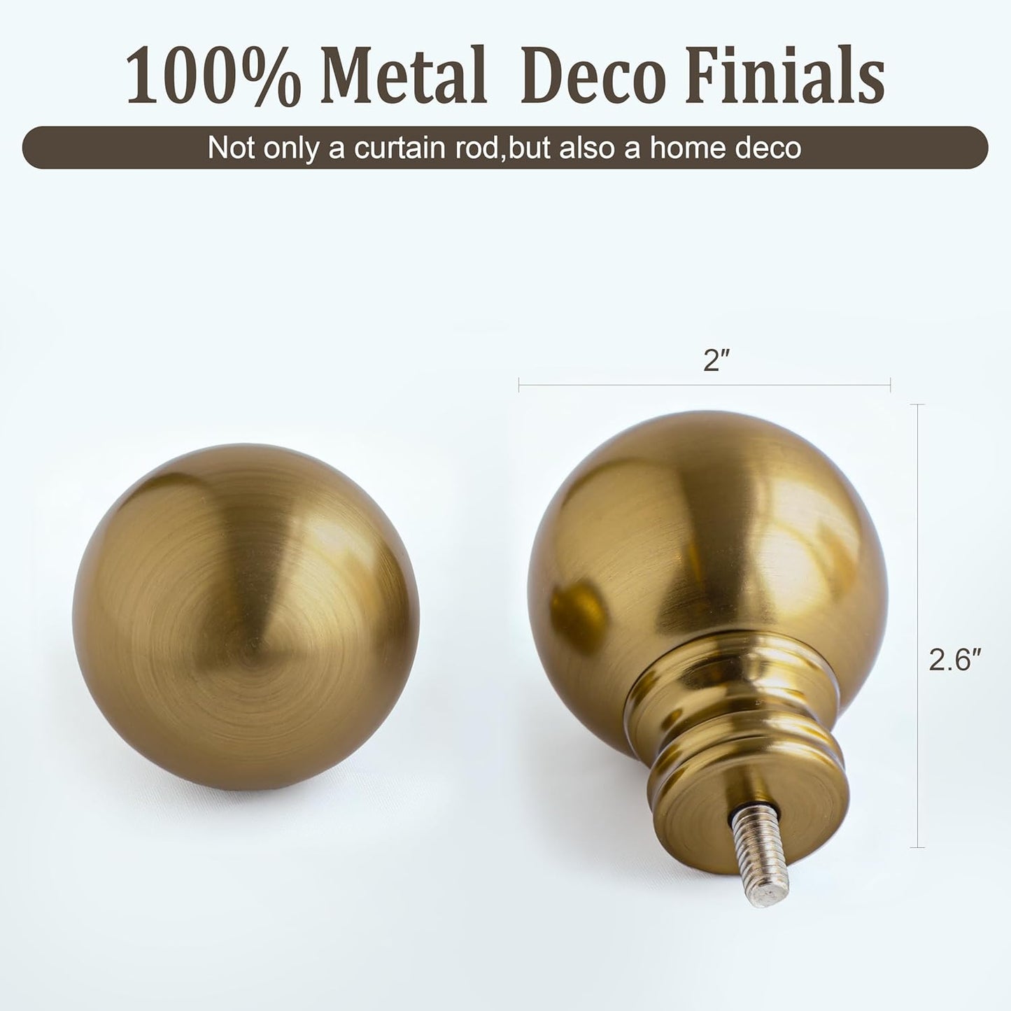 2 Pack Warm Gold Curtain Rods for Windows 48 to 84 Inch 1" Diameter Adjustable Heavy Duty Brass Window Curtain Rod with Metal Finials for Living Room Bedroom Farmhouse Kitchen Outdoor