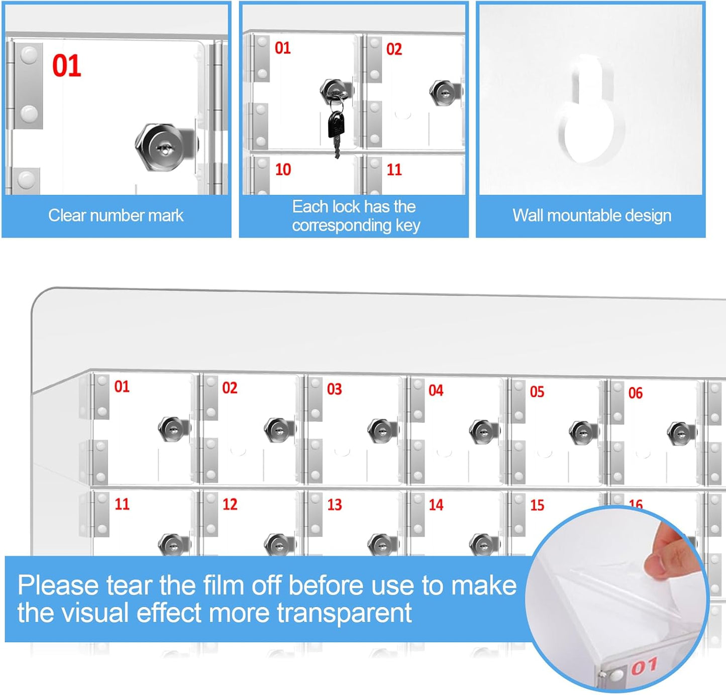100 Slots Cell Phone Locker Acrylic Cell Phone Lock Box with Door Locks and Keys, Wall-Mounted Cell Phone Storage Cabinet for Office Classroom Gym Firms, Clear Lockers for Storage (Large 60 Slots)