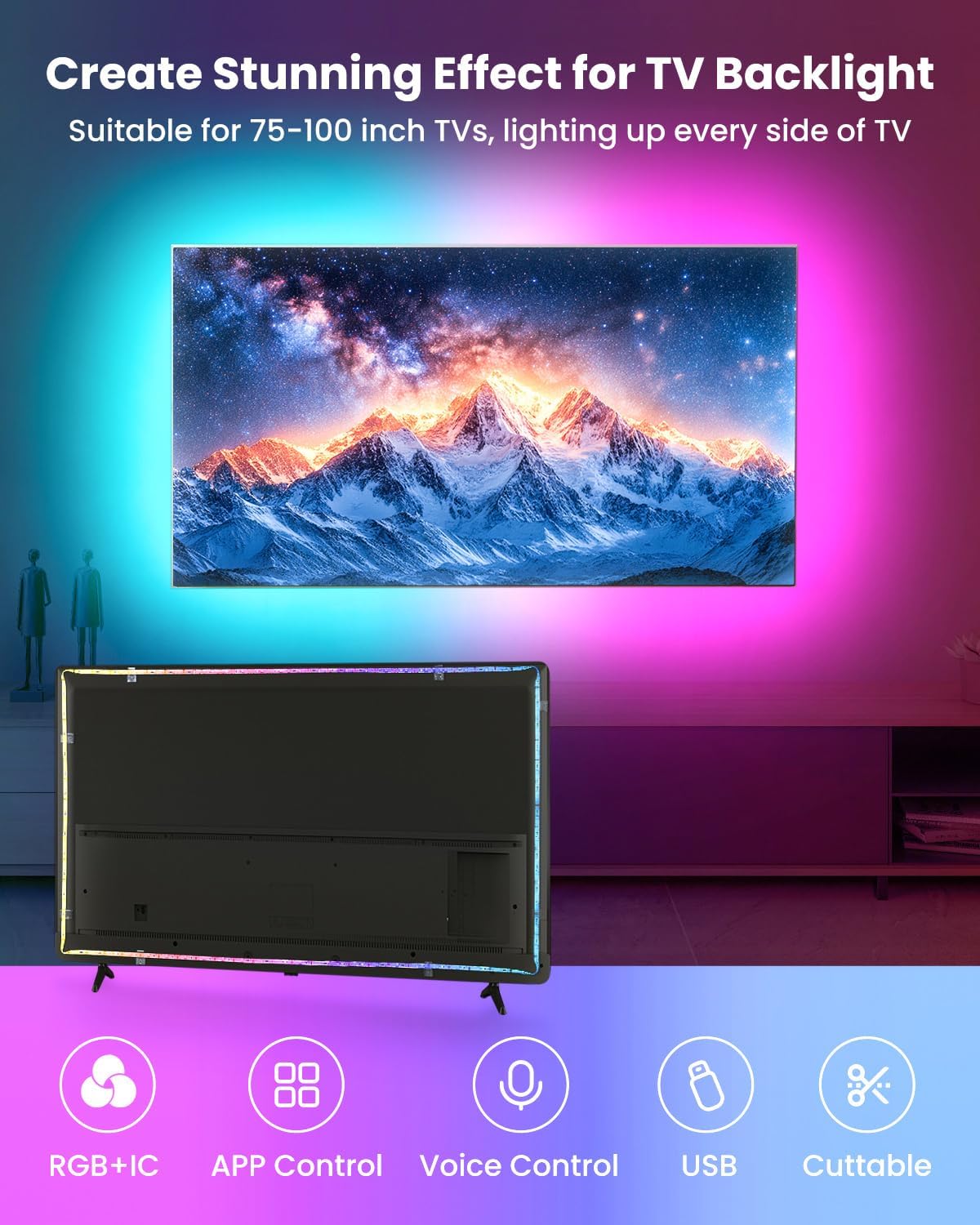 16.4ft RGB+IC LED Lights for 50-75 Inch TV, Backlight Strip Behind TV with Music Sync, Bluetooth APP and Voice Control, 44 Scene Modes, for Ambient Mood Lighting, Monitor Game, Bedroom, Living Room