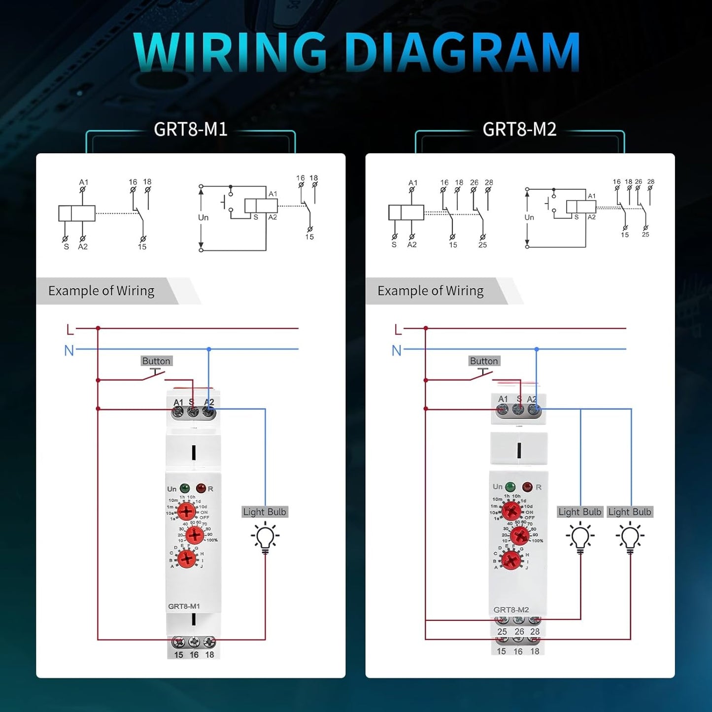 GRT8 M2 Multifunction Time Relay 2 Outputs 16A Adjustable Relay 12V Electronic Timer Relays in Din Rail, 0.1s-10 Days Wide Range Delay On Off Automation Universal Voltage Range ACDC 12V to 240V