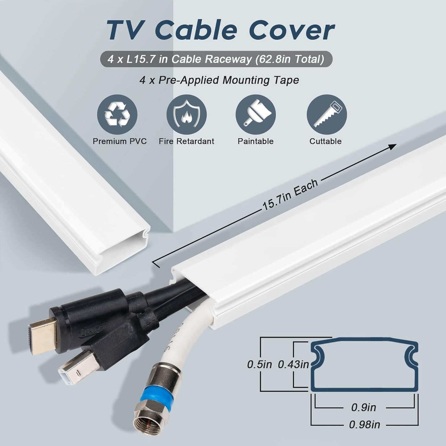 62.8in Cable Cover Wall, White Wire Cover for Wall, Paintable Cord Cover Wall Kit, Cord Hiders for TV on Wall, Hide Cords Wall Mounted TV - Cord Concealer Cable Channel 4xL15.7in W0.98in H0.5in