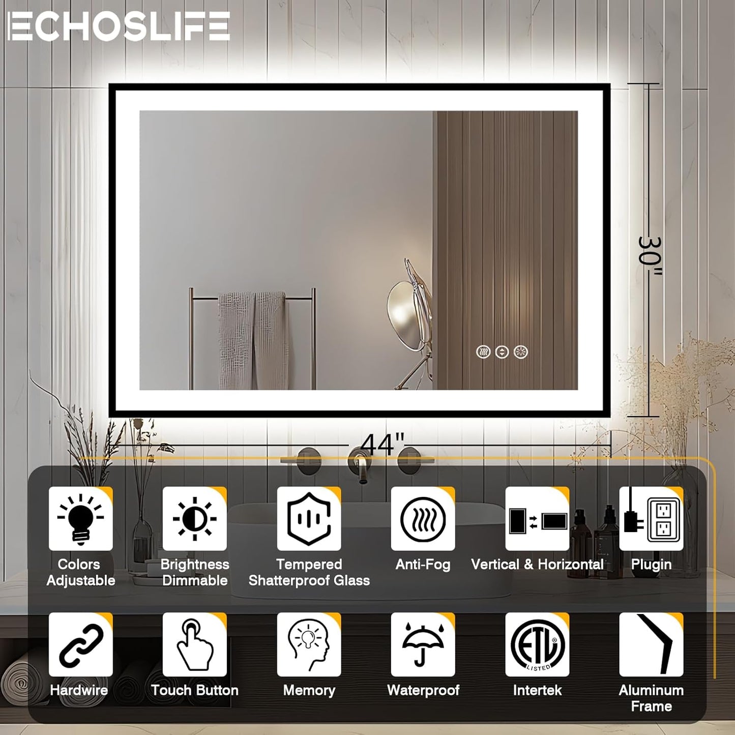 44x30 Bathroom Light up Mirror, Black Double Bright Lights, Anti-Fog Vanity Mirror with Lights, Stepless Dimmable Illuminated Mirror, Touch Control, Waterproof (Horizontal/Vertical)