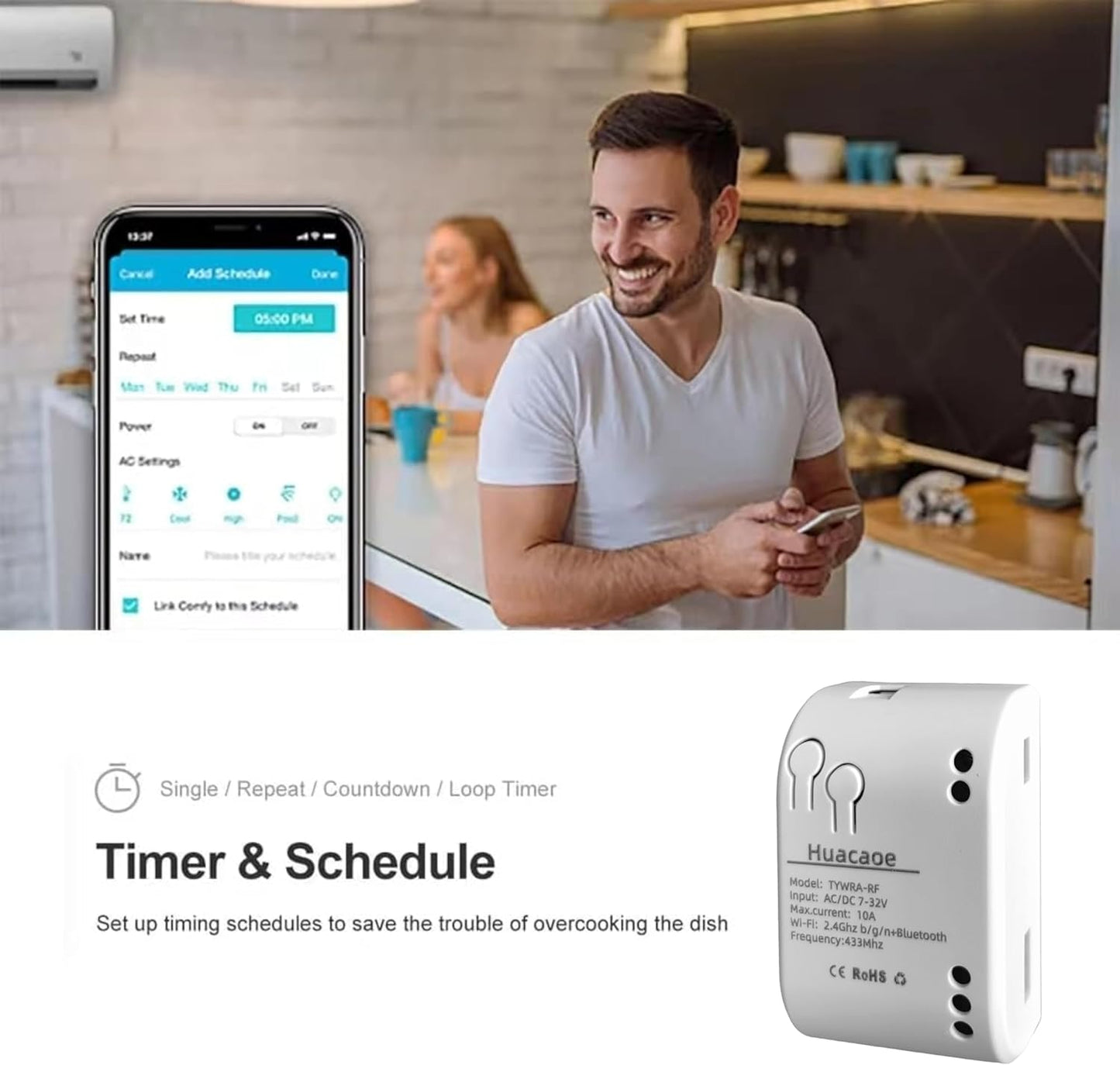 1 Channel Smart WiFi Dry Contact Relay Module | USB 5V/DC 7-32V | Momentary/Inching Self-Locking Relay | Tuya App/Alexa/Google Home Remote Control | White