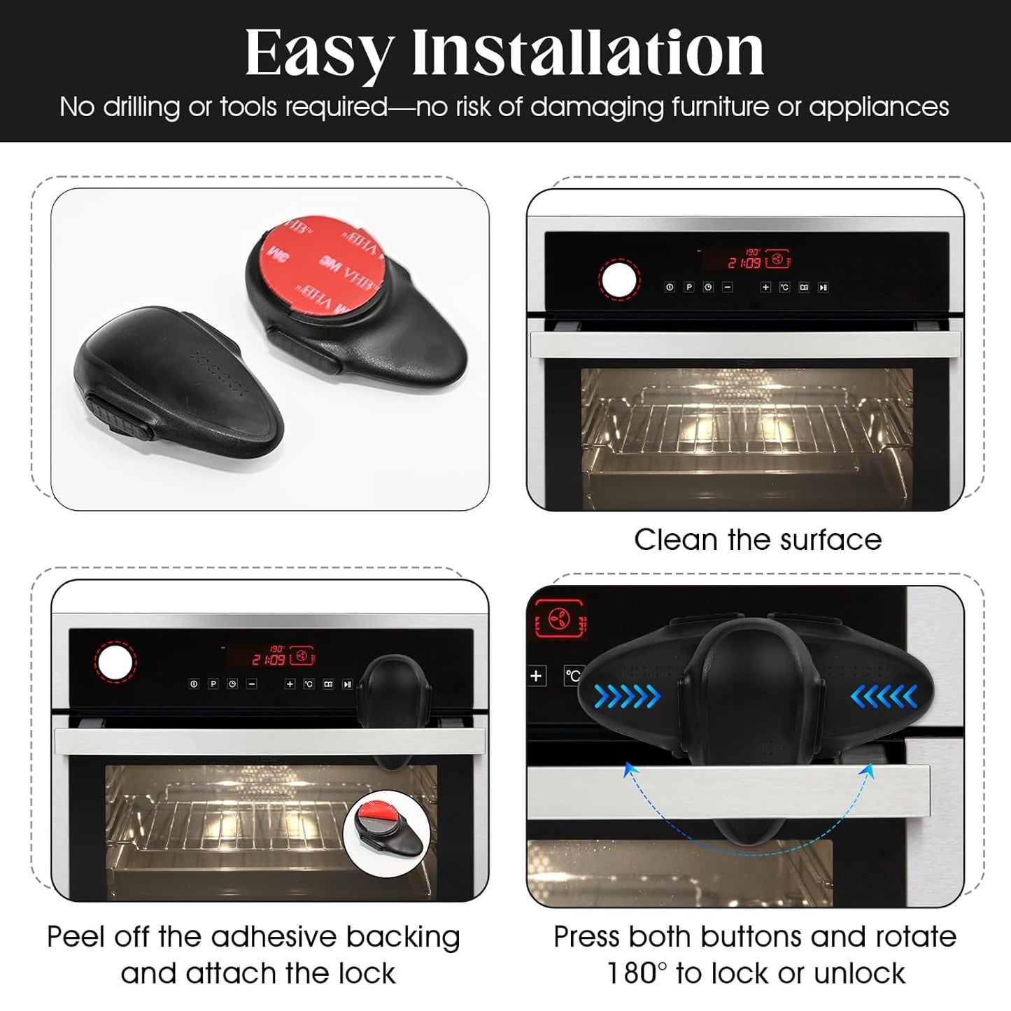 1 Pack Oven Lock for Baby Proofing - Heat Resistant, No Drill Adhesive Stove Door Lock, Child Safety Oven Lock (Black)