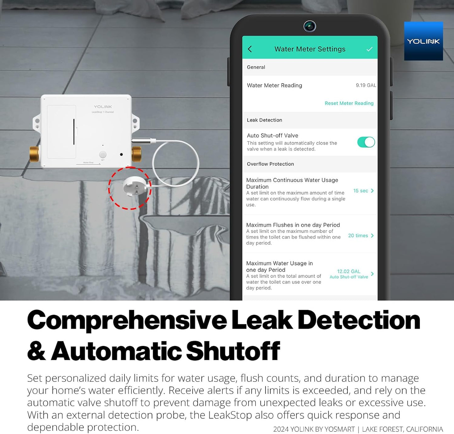 YoLink LeakStop 1-Channel for Toilets/Sinks, Auto Shutoff Valve & Leak Detector, Real-Time Monitoring, LoRa Long-Range, 2 AA Up to 5-Year Battery, App/SMS/Email Alerts – Hub Required