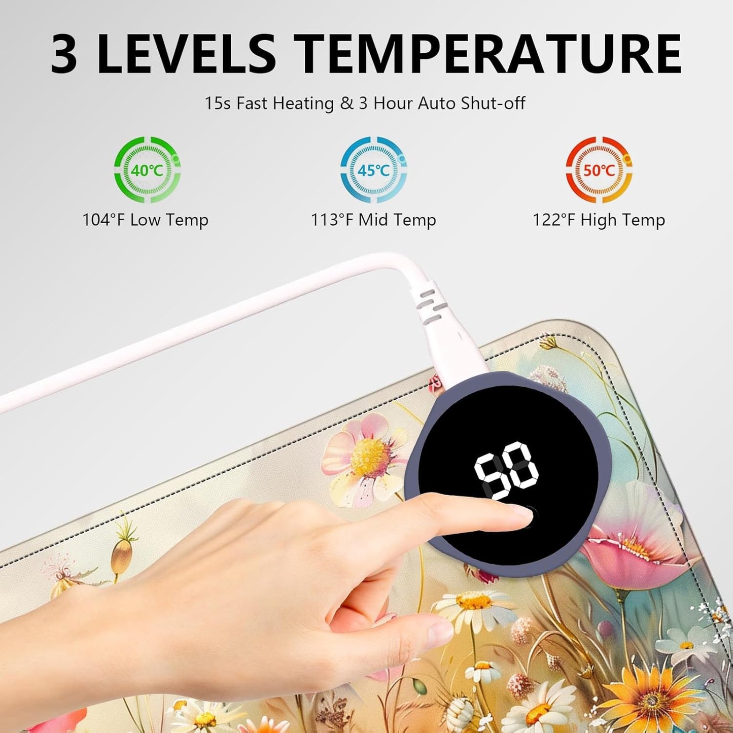 Heated Mouse Pad with 3 Levels Heated & 3 Hours Auto Shut-Off Mouse Pad for Warming Hands in Office Home, 31.5" x 13"Large Safe Desk Mat Hand Warmer，Colorful Flowers