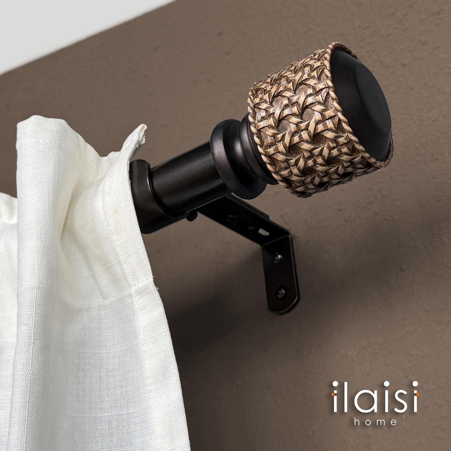 1-1/8 Inch Diameter Dark Bronze Curtain Rods with Faux Rattan Cane Woven Finials, 36-72'' Telescoping Single Curtain Rods for window width 24-68 inch, 1 pack