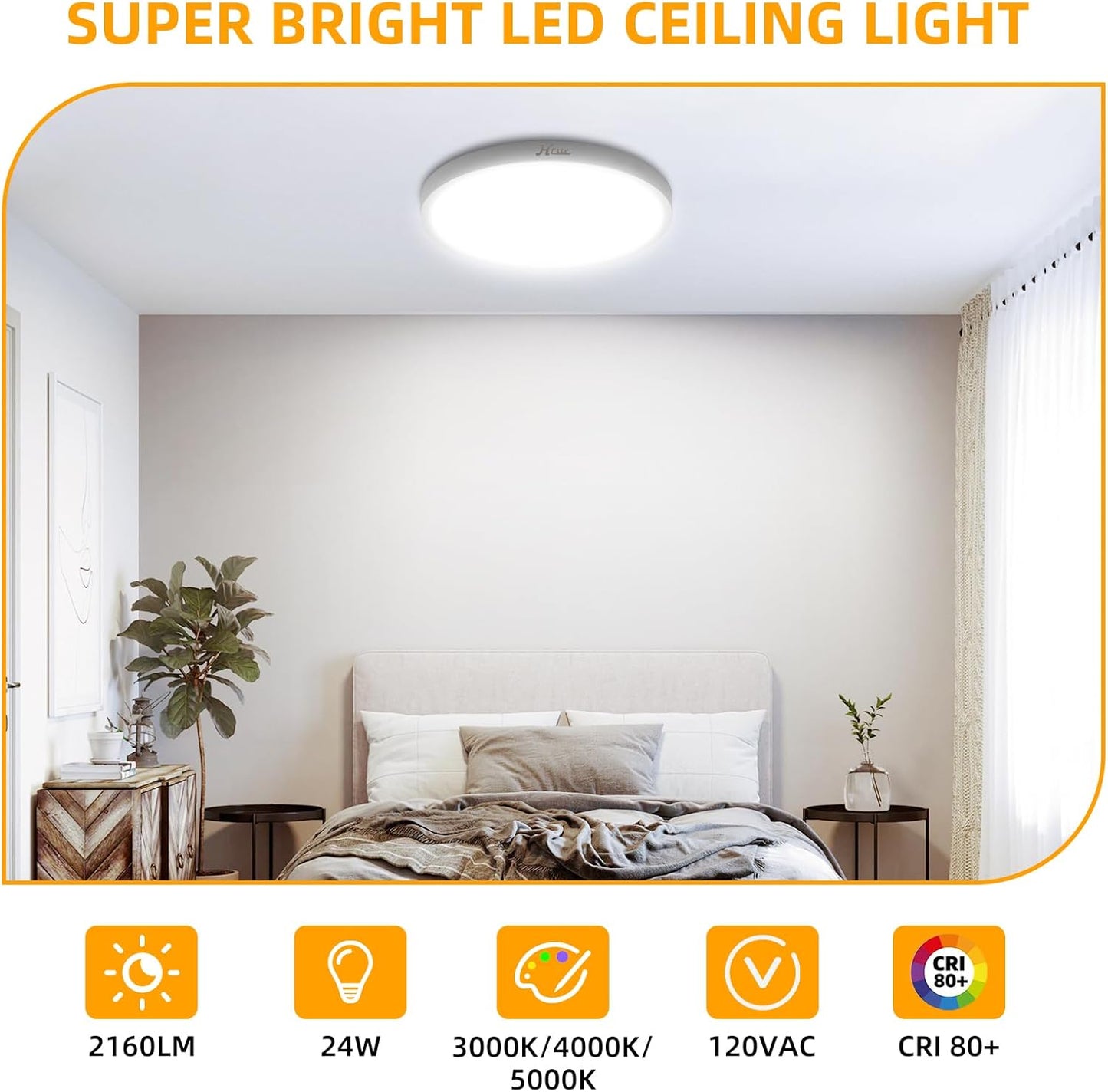 Hlite 4pack 12 inch Flush Mount LED Ceiling Light Fixture,24W 2400LM Super Slim Light Fixtures Ceiling Mount 3000K/4000K/5000K 3CCT Selectable,Light Fixtures for Kitchen,Bedroom(White)