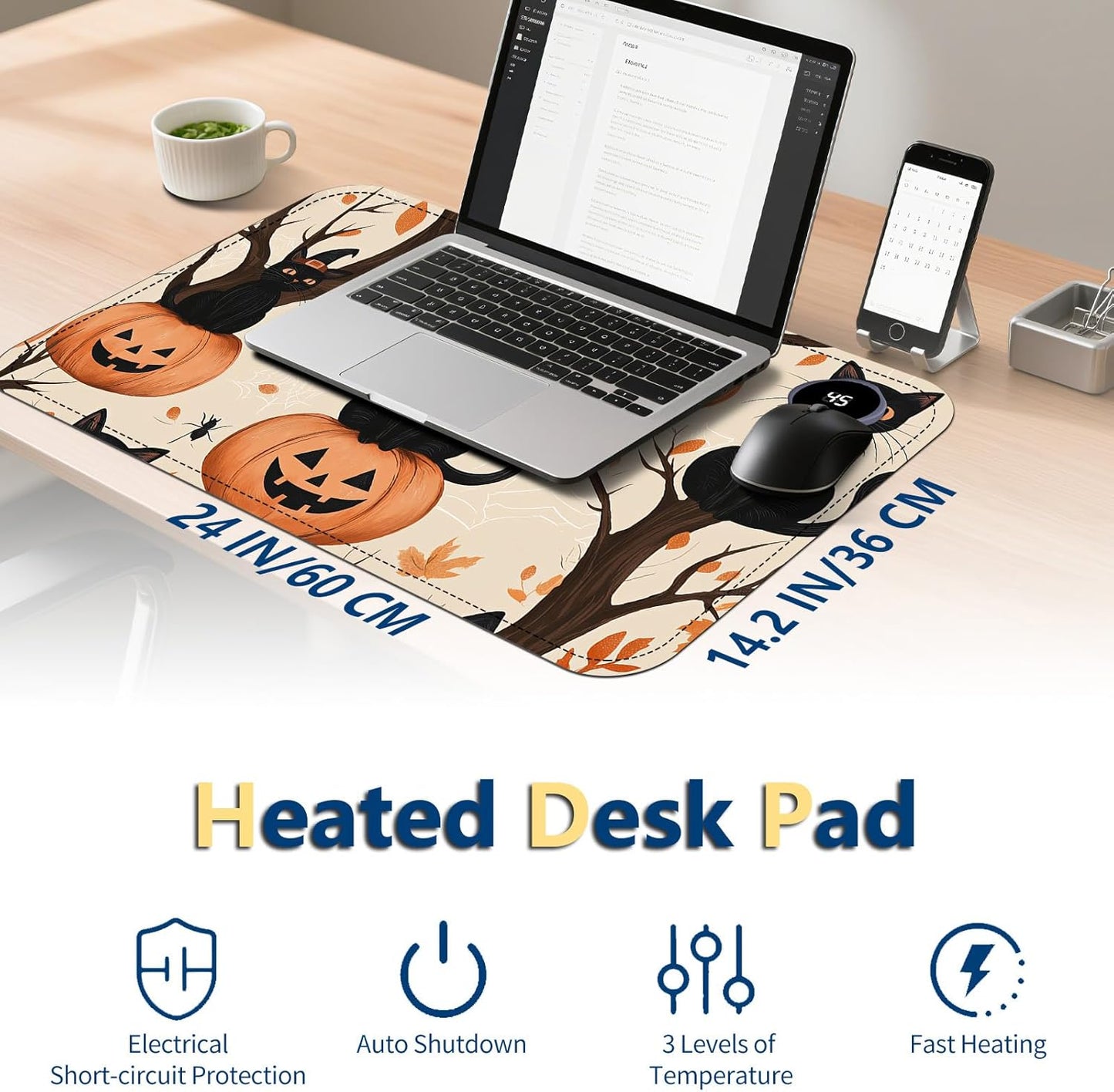 Heated Mouse Pad with 3 Temperature Settings(104°F–122°F),Large 24x14.2 Inch PU Leather Heated Desk Mat,Waterproof Warming Pad for Office,Gaming & Cold Hands Relief,Black Cats Pumpkins