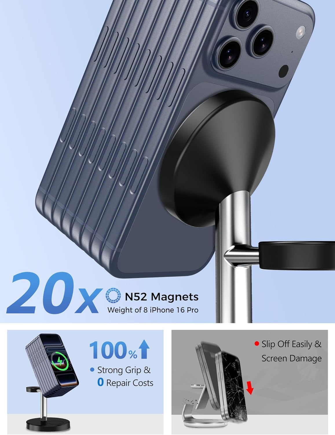 2025 3 in 1 Wireless Charging Station Compatible with MagSafe, 15W Fast Magnetic Mag-Safe Charger Stand for Apple iPhone 17 16 15 14 13 12 Series iWatch AirPods Pro 4 3 2, SilverBlack