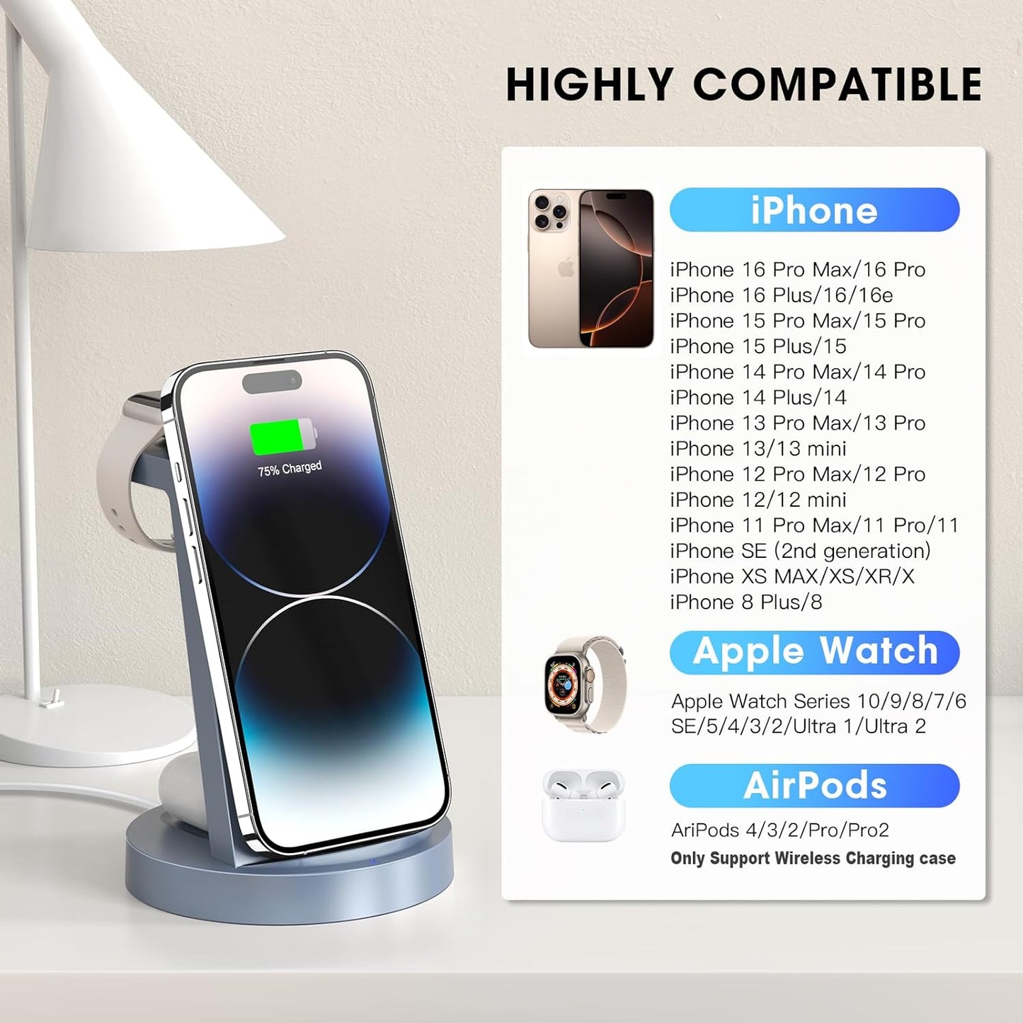 3 in 1 Charging Station for iPhone, Wireless Charger for iPhone 17 16e 16 15 14 13 12 11 X Pro Max & Apple Watch - Charging Stand Dock for AirPods (Blue)