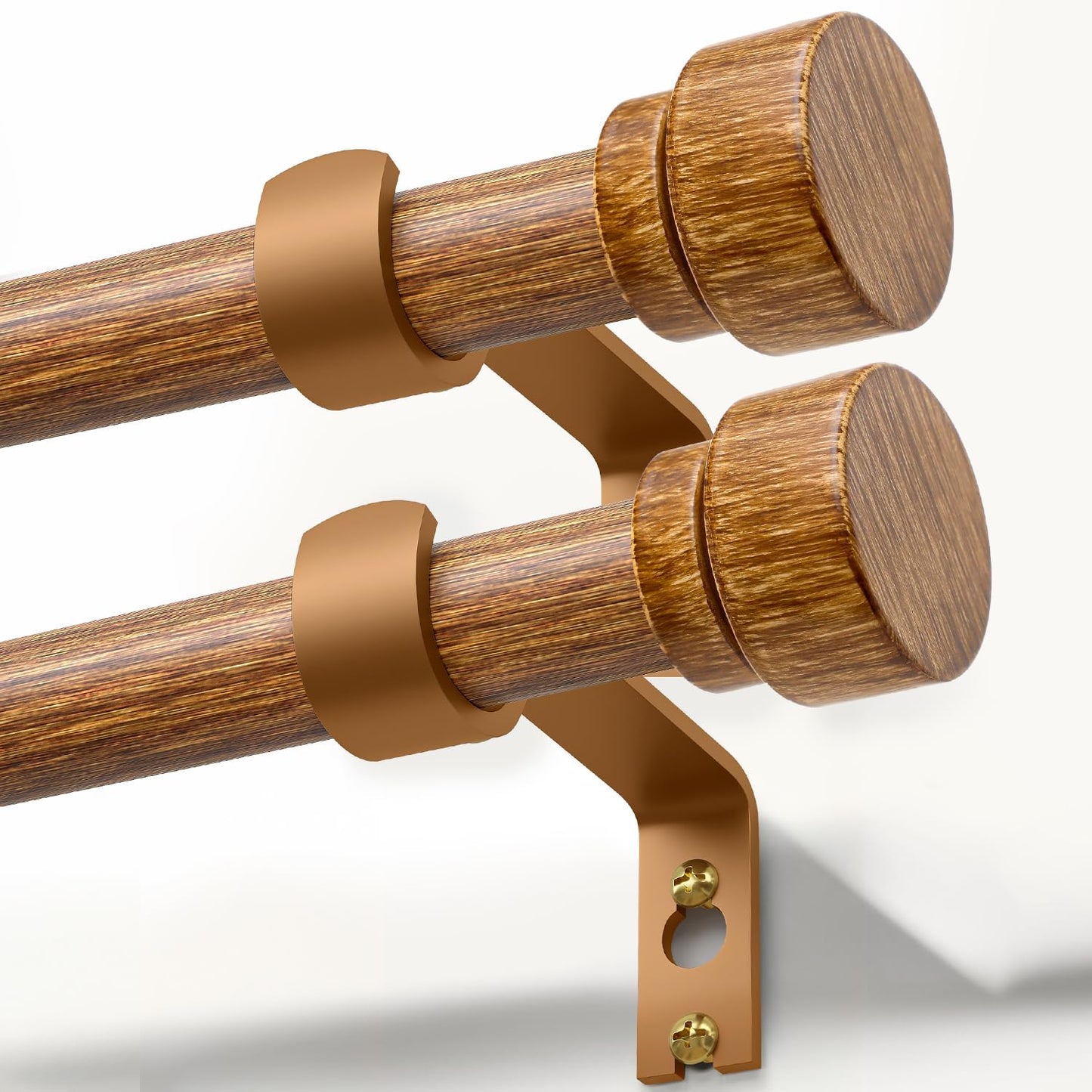 2 Pack Wood Curtain Rods for Windows 66 to 120 Inches 1" Diameter Boho Decorative Heavy Duty Window Curtain Rod Set Adjustable with Solid Imitation Wood Grain Finials for Living Room Bedroom Kitchen