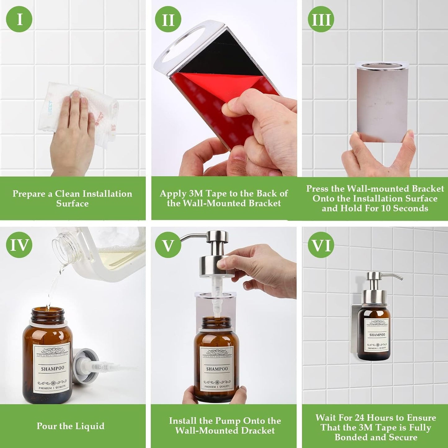 Hand Soap Dispenser,8.5 Oz Wall Mounted Shampoo and Conditioner Dispenser and Stainless Steel Bracket for with Waterproof Labels and Leakproof Pump(Silver Mount)