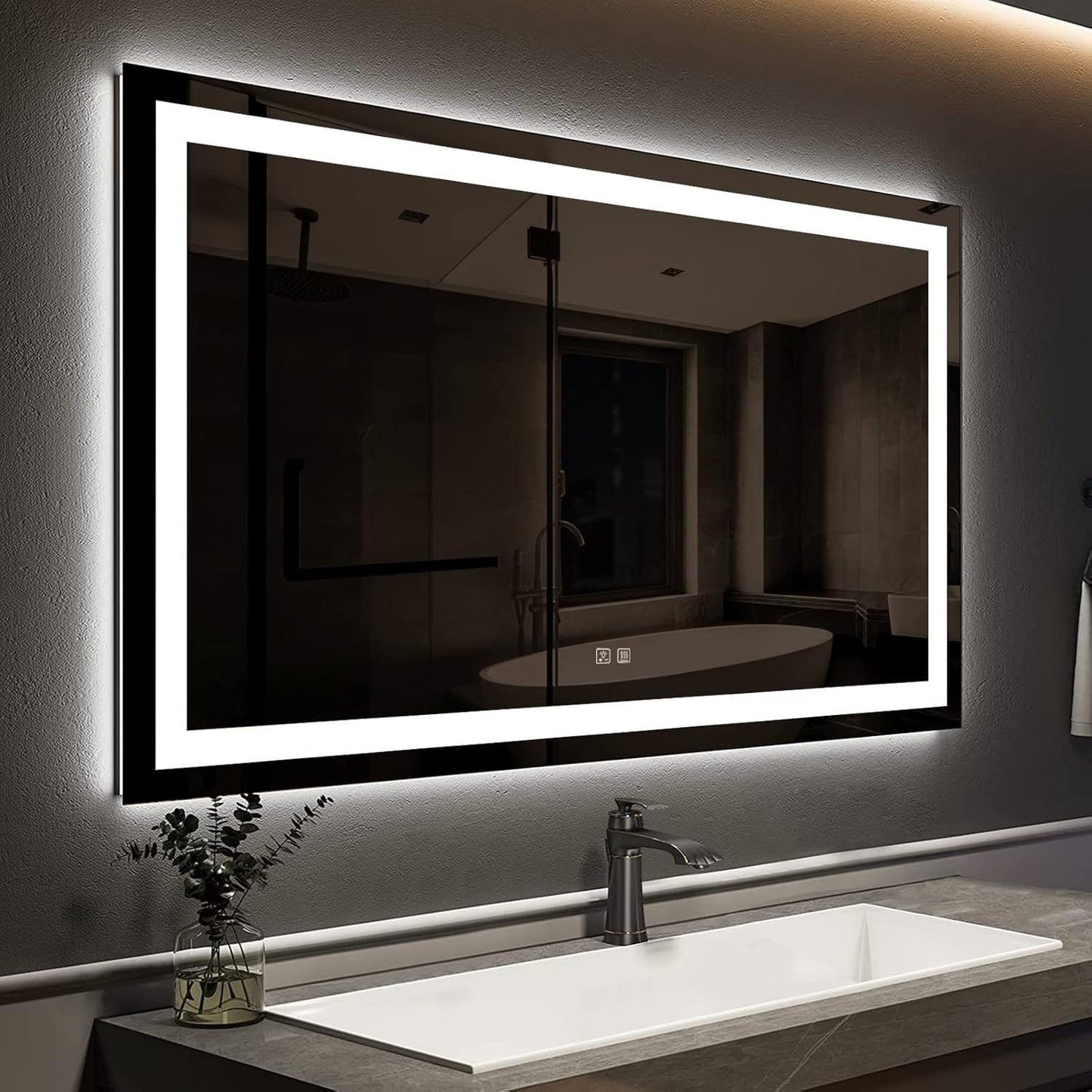 ROOMTEC 48X30 Inch Led Mirror for Bathroom,Backlit Lighted,Anti-Fog, Dimmable, Vertical & Horizontal Mount (Square-48 * 30",Frosted), Silver