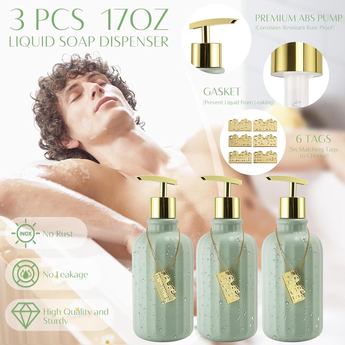 17PCS Bathroom Accessory Set Bathroom Set Green Bathroom Decor,Toilet Brush, Trash Can, Qtip Holder Dispenser& 3PCS Soap Dispenser