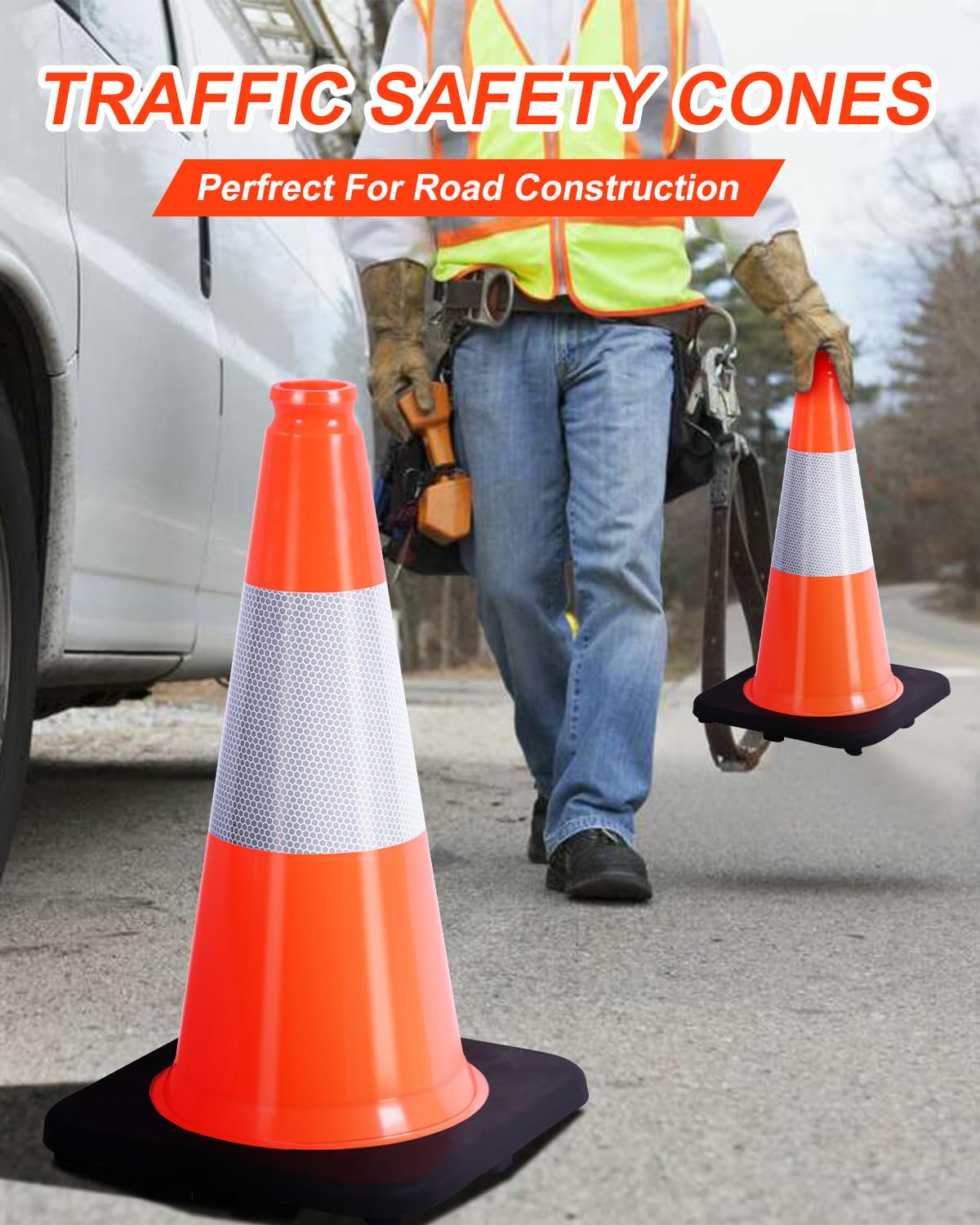 (5 Cones) BESEA 18" inch Orange PVC Cones Traffic Safety Cones Black Base Construction Road Parking Cone with 6" Reflective Collar