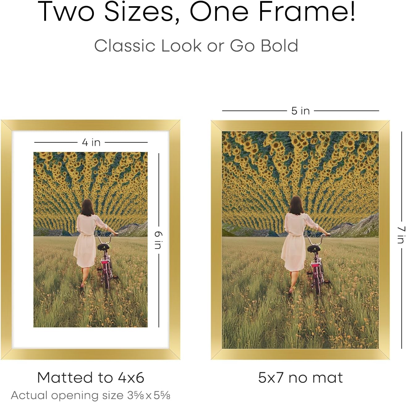 Homeforia 5x7 Picture Frame Gold, High End Metal 5 x 7 Gold Frames with Mat 4 x 6 for Print, 5by7 Desk Frame Matted to 4x6 inch Photo, 5 by 7 Wall or Tabletop Frame, Tempered Glass, Wall Kit, Set of 2