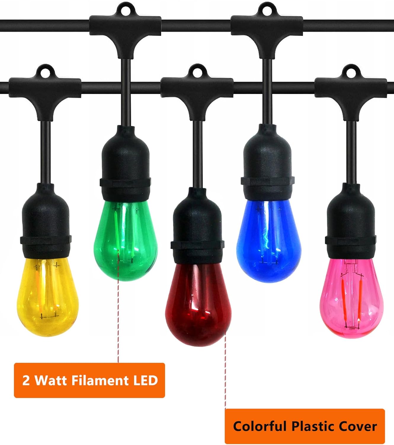 25 Pack S14 Colored LED Light Bulb 2 Watt Multi-Color String Light Bulbs Plastic Shatterproof E26 Base LED Filament Outdoor Replacement Christmas Light Bulbs(Red Green Blue Pink Yellow)