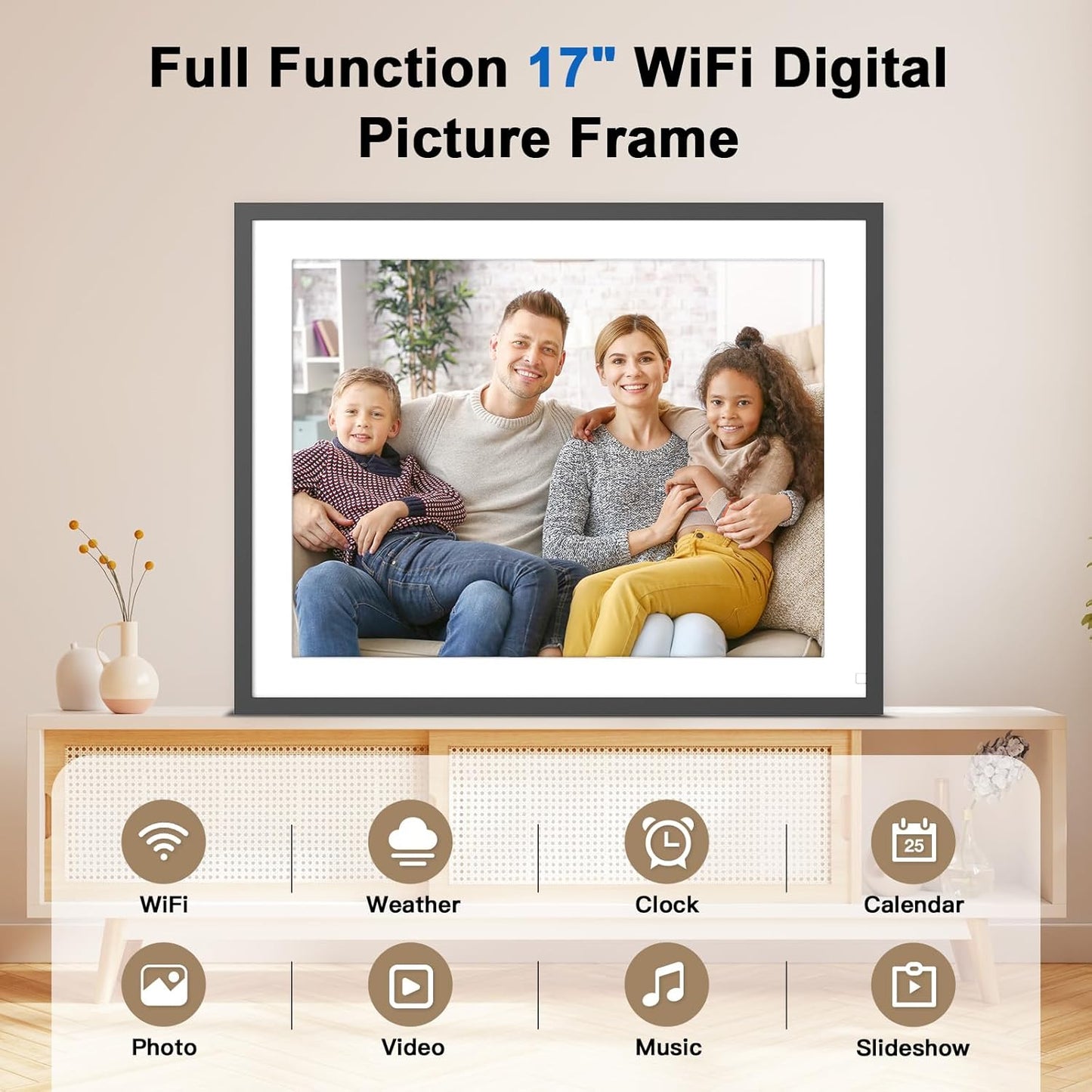 17-Inch Digital Picture Frame 32GB, Dual WiFi Full Function Digital Photo Frame, Auto Rotate, Wall Mounted Digital Frame, Unlimited Cloud Storage, Sharing Photos and Videos via App or Email Instantly