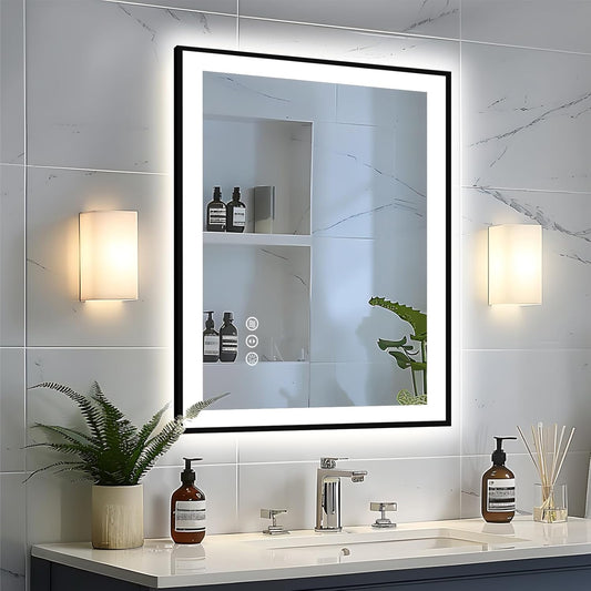 28x32 LED Bathroom Mirror - Black Aluminum Framed,Front and Backlit,Anti-Fog Framed Bathroom Vanity Mirror,3 Color Stepless Dimmable Lighted Smart Mirror(Horizontal/Vertical)