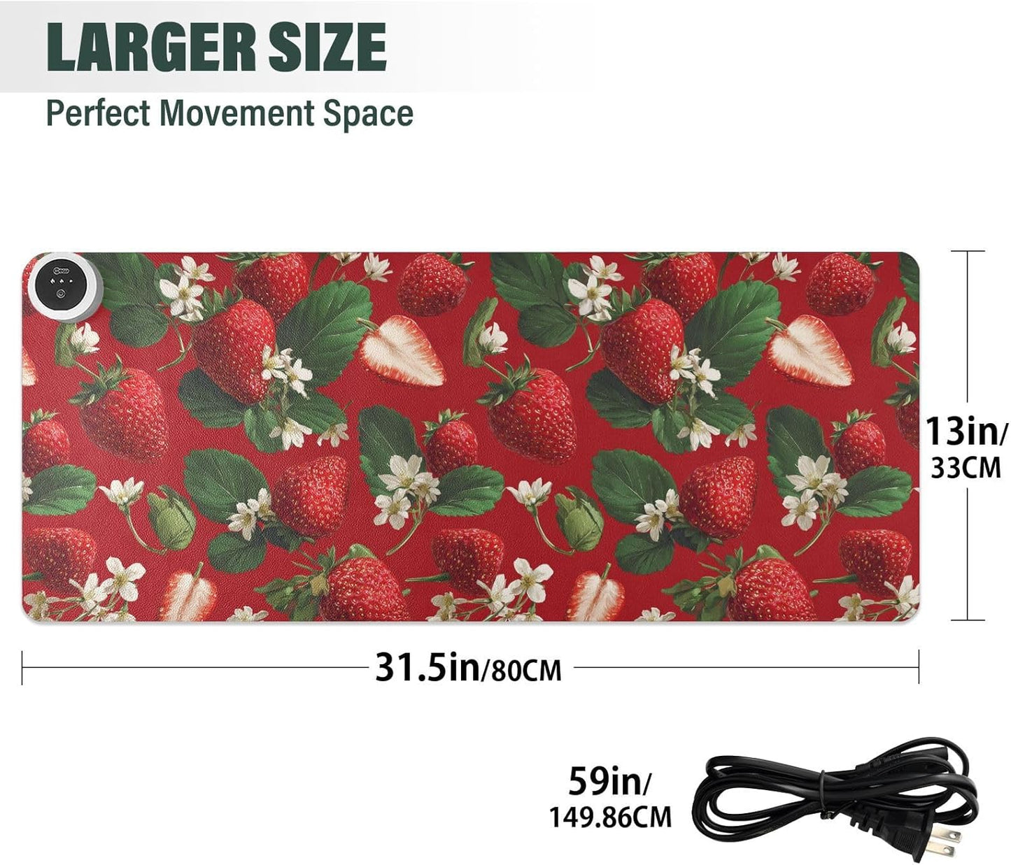 Heated Desk Pad Mouse Pad 31.5x13 Inch PU Leather Desk Mat with 3 Heat Levels Large Mouse Gaming Computer Laptop Mat Red Strawberries Flowers