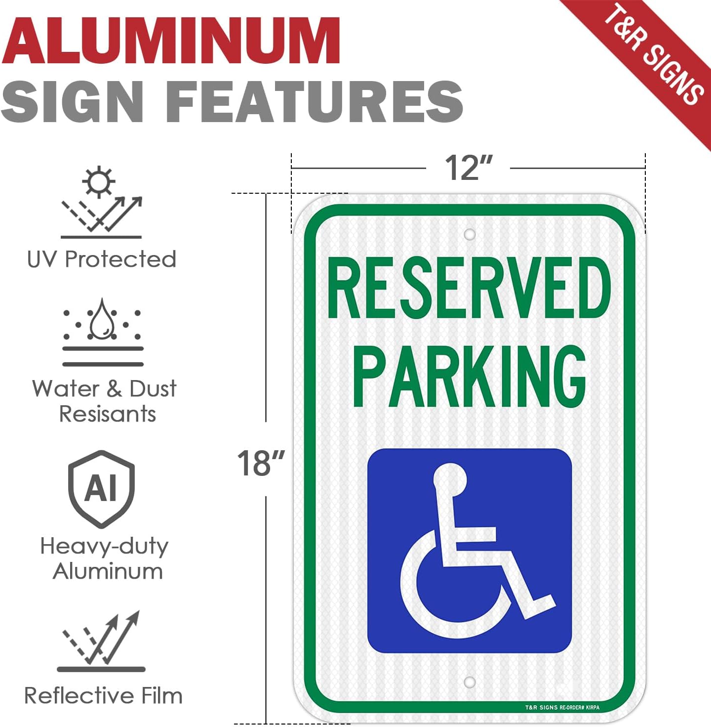 (3 Pack) Handicap Parking Sign, Reserved Parking Sign, Large 18" x 12" Engineer Grade Reflective Sheeting, Rust Free Aluminum, Weather Resistant, Waterproof, Fade Resistant, 2 Pre-drilled Holes