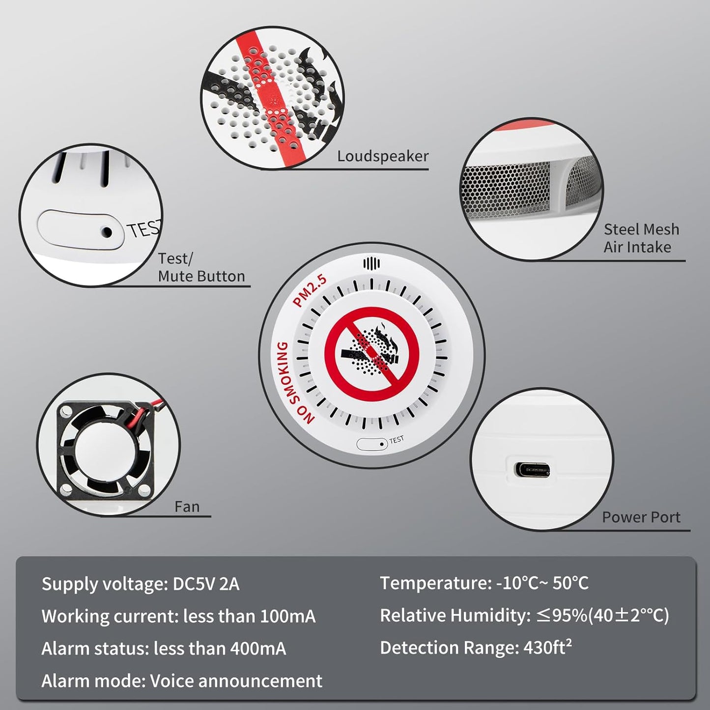 2in1 Cigarette Detector with 10 Level Sensitivity, Infrared Remote Control, PM2.5 Indoor Air Quality Monitor, Ceiling Mounted Smoke Detection for Offices, Restaurants, Hospitals, Schools, Apartments