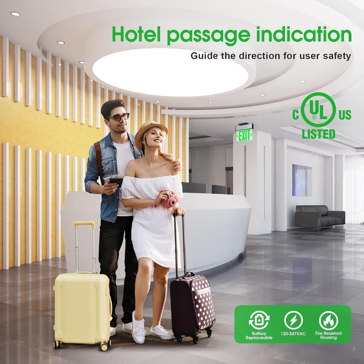Green Led Edge Lit Exit Sign UL Listed, Brushed Aluminum Housing Double-Sides Mirrored Acrylic Emergency Exit Signs with Battery Backup, AC 120-347V Hardwired Exit Lights, Top/Side/Wall Mount (2 Pack)