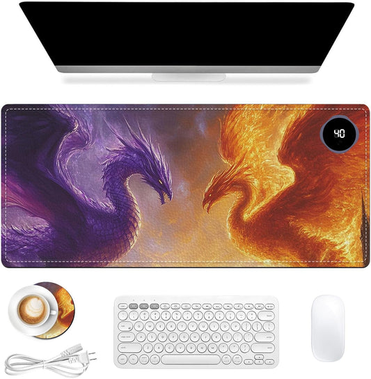 Heated Mouse Pad 31.5x13 in 3-Temp Fast Heating Desk Mat with Auto Timer Warmer for Hands Wrist Pain Relief Waterproof Keyboard Mat for Office, Gaming, Home, Dragon Battle Art