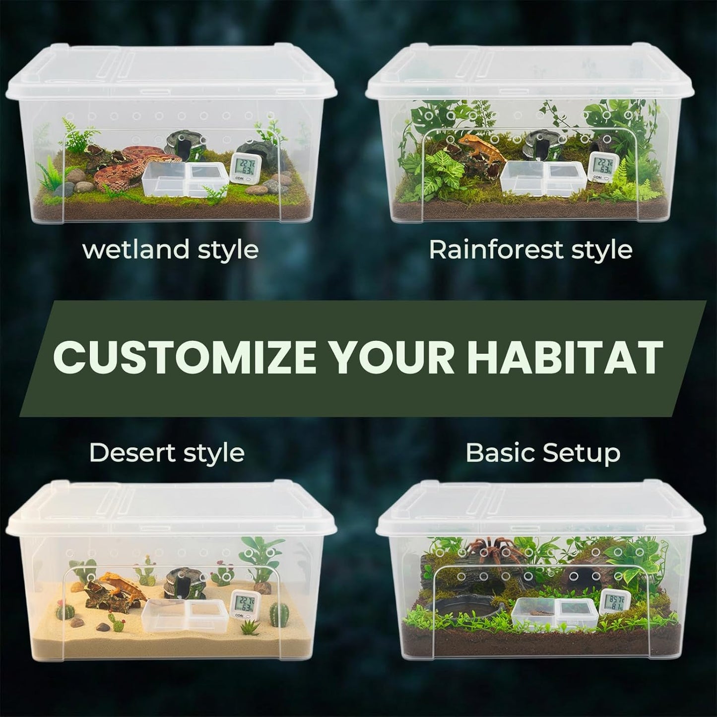 10 Pcs Reptile Enclosure Breeding Box Cage Kit, Portable Plastic Snake Transparent Animal Indoor Habitat Cage Turtle Box Critter Keeper Digital Thermometer Hygrometer, Feeder Dish & More | by Cotkkstt