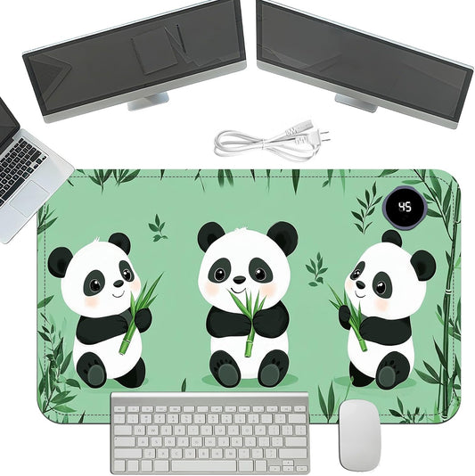 Heated Mouse Pad with 3 Temperature Settings(104°F–122°F),Large 24x14.2 Inch PU Leather Heated Desk Mat,Waterproof Warming Pad for Office,Gaming & Cold Hands Relief,Cute Three Pandas