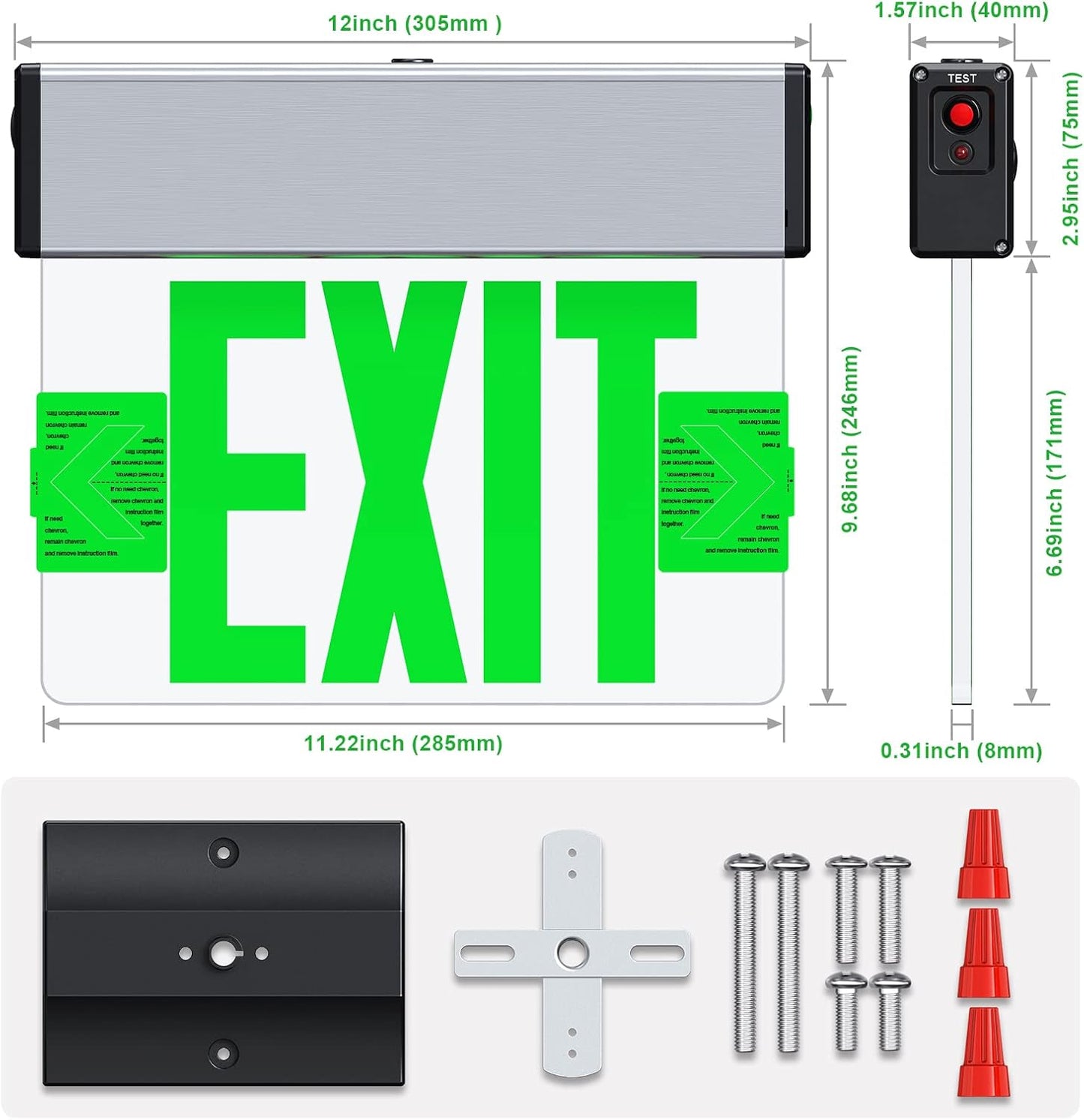 Green Led Edge Lit Exit Sign UL Listed, Brushed Aluminum Housing Double-Sides Mirrored Acrylic Emergency Exit Signs with Battery Backup, AC 120-347V Hardwired Exit Lights, Top/Side/Wall Mount (2 Pack)