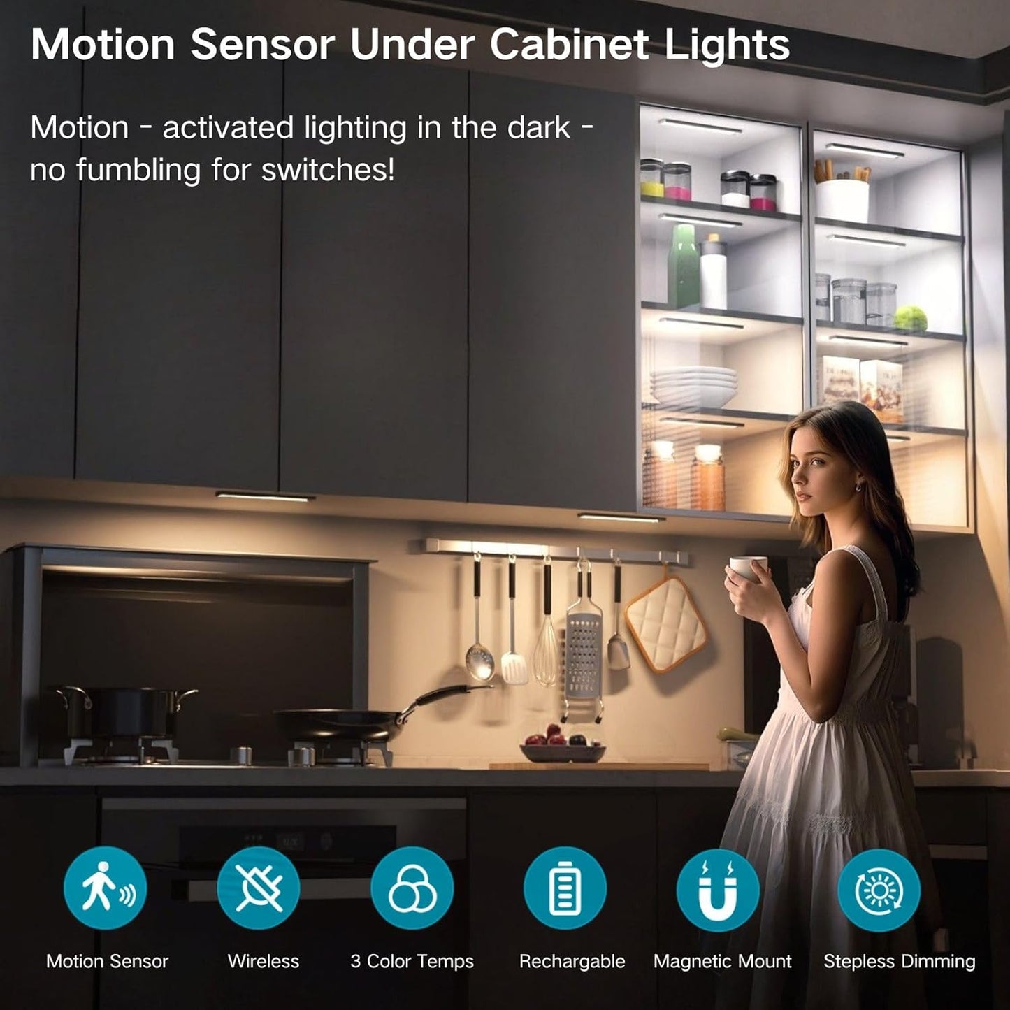 Motion Sensor Under Cabinet Lighting-Magnetic Rechargeable Closet Lights for Kitchen,Stairs,Wardrobe | 3-Color Dimmable LED Under Counter Lighting | Pro Battery Upgrade (1, 16 inch)